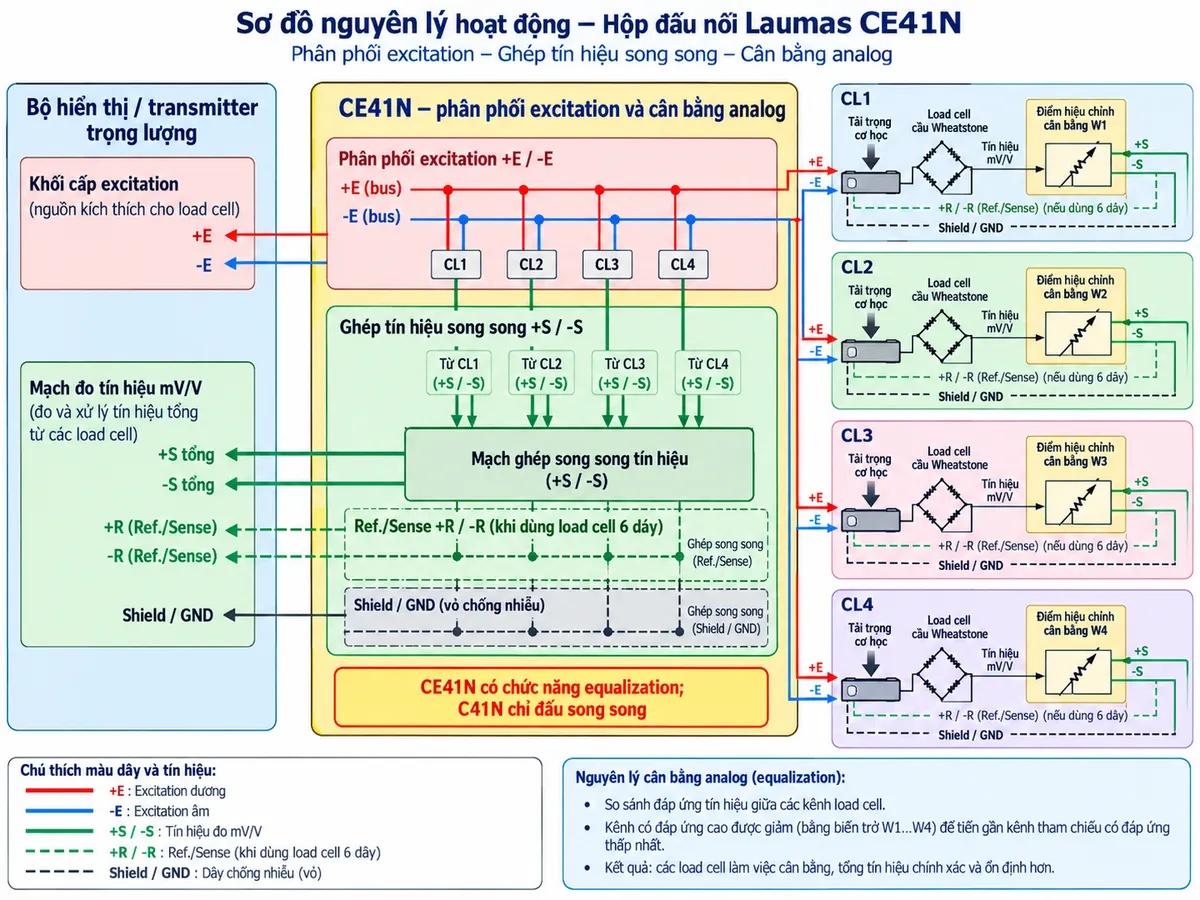 Sơ đồ nguyên lý hoạt động Laumas CE41N trên nền trắng, bố cục ngang, chú thích tiếng Việt. Bên trái là “Bộ hiển thị / transmitter trọng lượng” gồm “Khối cấp excitation” và “Mạch đo tín hiệu mV/V”. Ở giữa là “CE41N – phân phối excitation và cân bằng analog”; nguồn excitation từ thiết bị cân được chia song song tới 4 nhánh CL1, CL2, CL3, CL4. Bên phải bố trí bốn chuỗi “Tải trọng cơ học” → “Load cell cầu Wheatstone” → “Tín hiệu mV/V” → “Điểm hiệu chỉnh cân bằng W1/W2/W3/W4”. Thể hiện bằng mũi tên rằng kênh có đáp ứng cao được giảm để tiến gần kênh tham chiếu có đáp ứng thấp nhất. Sau hiệu chỉnh, bốn tín hiệu đi vào khối “Ghép tín hiệu song song” và tạo tín hiệu tổng quay về mạch đo của bộ hiển thị/transmitter. Nếu sử dụng load cell 6 dây, thể hiện thêm đường Ref./Sense; shield/GND thể hiện riêng. Ghi chú nổi bật “CE41N có chức năng equalization; C41N chỉ đấu song song”.