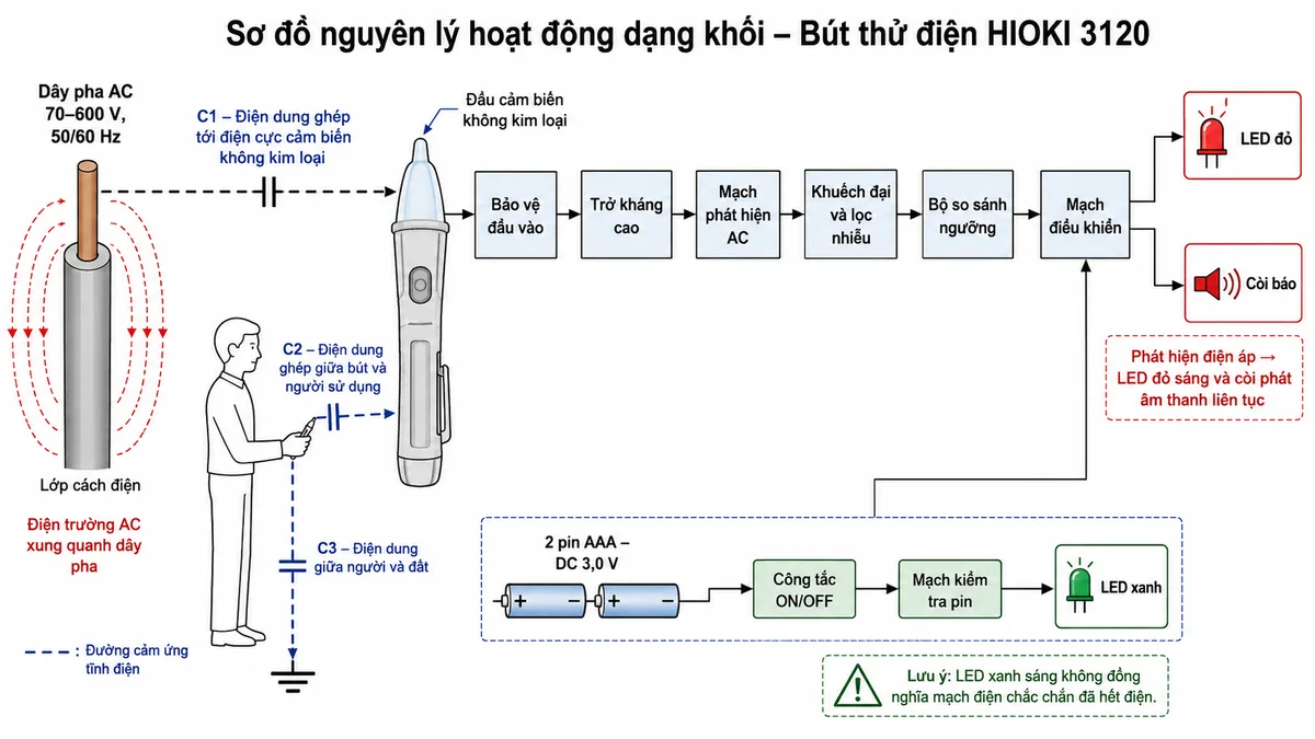 Vẽ sơ đồ nguyên lý hoạt động dạng khối của Bút thử điện HIOKI 3120, nền trắng, bố cục ngang, nhãn tiếng Việt, phong cách kỹ thuật điện công nghiệp. Luồng chính bắt đầu từ dây pha AC 70–600 V, 50/60 Hz có lớp cách điện, tạo điện trường xoay chiều và điện dung ghép C1 tới điện cực cảm biến không kim loại ở đầu bút. Tín hiệu đi qua khối bảo vệ đầu vào, trở kháng cao, mạch phát hiện AC, khuếch đại và lọc nhiễu, bộ so sánh ngưỡng rồi tới mạch điều khiển. Từ mạch điều khiển phân nhánh tới LED đỏ và còi phát âm thanh liên tục khi phát hiện điện áp. Vẽ thêm điện dung ghép C2 giữa bút và người sử dụng, điện dung C3 giữa người và đất để minh họa đường cảm ứng tĩnh điện. Nhánh nguồn gồm hai pin AAA DC 3,0 V, công tắc ON/OFF, mạch kiểm tra pin và LED xanh; ghi chú LED xanh sáng không đồng nghĩa mạch điện chắc chắn đã hết điện.