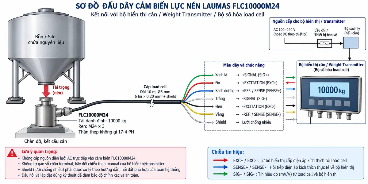 Vẽ sơ đồ đấu dây/kết nối kỹ thuật cho cảm biến lực nén Laumas FLC10000M24 trên nền trắng, bố cục ngang. Bên trái thể hiện bồn hoặc silo tải lớn truyền tải trọng cơ học xuống chân đỡ và qua load cell FLC10000M24. Ở giữa ghi rõ dòng FLC, tải danh định 10000 kg, ren M24 × 3, thân thép không gỉ 17-4 PH. Từ load cell vẽ cáp dài 10 m, đường kính 5 mm, gồm 6 lõi 0,20 mm² và shield tới bộ hiển thị cân, weight transmitter hoặc bộ số hóa load cell tương thích ở bên phải. Thể hiện +SIGNAL/SIG+ màu xanh lá, +EXCITATION/EXC+ màu đỏ, +REF./SENSE/SENSE+ màu xanh dương, -SIGNAL/SIG- màu trắng, -EXCITATION/EXC- màu đen, -REF./SENSE/SENSE- màu vàng và SHIELD. Dùng mũi tên chỉ EXC+/EXC- từ bộ điện tử cân tới load cell, SIG+/SIG- từ load cell về thiết bị xử lý và SENSE+/SENSE- hồi tiếp điện áp kích thích thực tế về thiết bị đọc. Vẽ riêng nguồn cấp phù hợp cho bộ hiển thị hoặc transmitter qua cầu chì hoặc thiết bị bảo vệ và điểm cách ly. Ghi chú không cấp nguồn điện lưới AC trực tiếp vào FLC10000M24, không tự gán số chân terminal mà phải đối chiếu manual của đúng thiết bị đọc, shield phải xử lý theo hướng dẫn chống nhiễu và nối đất của toàn hệ thống.