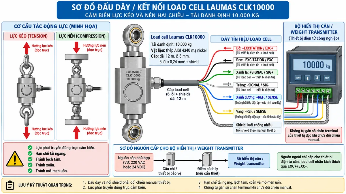 Vẽ sơ đồ đấu dây/kết nối kỹ thuật cho Laumas CLK10000 trên nền trắng, bố cục ngang. Bên trái thể hiện hai tình huống lực kéo và lực nén tác động đúng trục qua hai liên kết cơ khí hoặc khớp cầu phù hợp vào load cell CLK10000 tải danh định 10.000 kg. Ở giữa thể hiện cảm biến bằng thép AISI 4340 mạ nickel, liên kết cơ khí theo bản vẽ CLK và cáp load cell dài 12 m, đường kính 6 mm, 6 lõi x 0,24 mm² cùng shield. Bên phải vẽ bộ hiển thị cân, weight transmitter hoặc bộ số hóa load cell tương thích. Thể hiện +EXCITATION/EXC+ dây đỏ và -EXCITATION/EXC- dây đen từ thiết bị điện tử cấp kích thích tới load cell; +SIGNAL/SIG+ dây xanh lá và -SIGNAL/SIG- dây trắng truyền tín hiệu vi sai từ load cell về thiết bị; +REF./SENSE dây xanh dương và -REF./SENSE dây vàng là đường hồi tiếp điện áp của cấu hình sáu dây; thể hiện SHIELD và ghi chú nối shield theo manual thiết bị. Vẽ nguồn cấp phù hợp cho bộ hiển thị hoặc weight transmitter đi qua cầu chì hoặc thiết bị bảo vệ và điểm cách ly trước khi bảo trì; nguồn ngoài chỉ cấp cho thiết bị điện tử cân, load cell nhận kích thích qua EXC+/EXC-. Không tự gán số chân terminal của thiết bị đọc khi chưa đối chiếu manual. Ghi chú lực phải truyền đúng trục, hạn chế lực ngang, lệch tâm, xoắn và mô-men uốn.