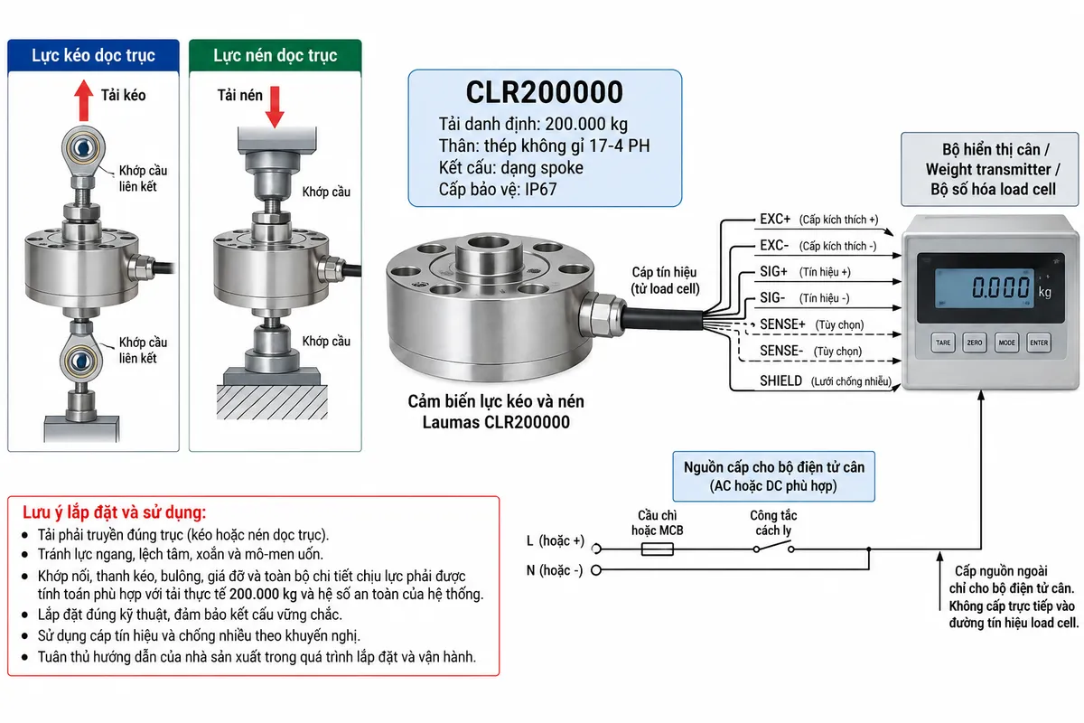 Vẽ sơ đồ đấu dây/kết nối kỹ thuật cho cảm biến lực kéo và nén Laumas CLR200000 trên nền trắng, bố cục ngang. Bên trái thể hiện hai trạng thái “Lực kéo dọc trục” và “Lực nén dọc trục”, tải truyền qua liên kết cơ khí hoặc khớp cầu phù hợp tới load cell CLR200000 ở giữa. Ghi rõ “CLR200000”, “Tải danh định: 200.000 kg”, “Thân: thép không gỉ 17-4 PH”, “Kết cấu: dạng spoke”, “Cấp bảo vệ: IP67”. Từ load cell vẽ cáp tín hiệu sang “Bộ hiển thị cân / Weight transmitter / Bộ số hóa load cell” ở bên phải. Thể hiện EXC+ và EXC- là đường cấp điện áp kích thích từ bộ điện tử tới load cell; SIG+ và SIG- là tín hiệu vi sai từ load cell trở về bộ điện tử; SENSE+ và SENSE- chỉ thể hiện dưới dạng tùy chọn nếu đúng cấu hình cảm biến và thiết bị đọc hỗ trợ; SHIELD thể hiện theo tài liệu kỹ thuật. Không tự gán màu dây, số chân terminal hoặc kiểu đầu nối khi chưa đối chiếu datasheet đúng phiên bản CLR200000. Phía dưới vẽ nguồn AC hoặc DC phù hợp cấp cho bộ điện tử cân qua cầu chì, MCB hoặc thiết bị bảo vệ tương ứng và công tắc cách ly; ghi rõ nguồn ngoài chỉ cấp cho bộ điện tử cân, không cấp trực tiếp vào đường tín hiệu load cell. Ghi chú kỹ thuật: tải phải truyền đúng trục; tránh lực ngang, lệch tâm, xoắn và mô-men uốn; khớp nối, thanh kéo, bulông, giá đỡ và toàn bộ chi tiết chịu lực phải được tính toán phù hợp với tải thực tế 200.000 kg và hệ số an toàn của hệ thống.