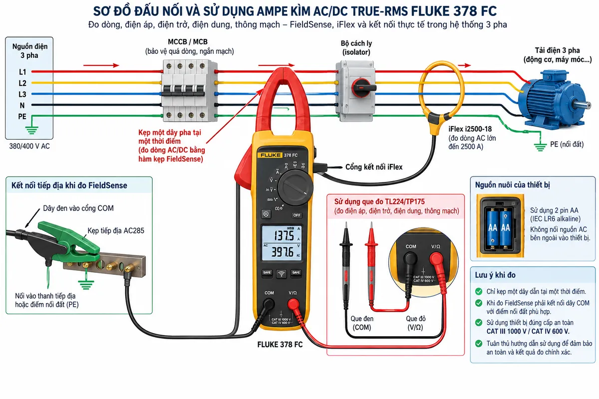 Vẽ sơ đồ đấu nối/kết nối thực tế cho ampe kìm AC/DC True-rms FLUKE 378 FC trên nền trắng, bố cục ngang, chú thích tiếng Việt. Thể hiện nguồn điện 3 pha L1-L2-L3-N-PE đi qua MCCB hoặc MCB bảo vệ và bộ cách ly tới tải điện 3 pha; FLUKE 378 FC dùng hàm kẹp FieldSense kẹp lần lượt từng dây pha, chỉ kẹp một dây dẫn tại một thời điểm; cổng COM nối dây đen và kẹp tiếp địa AC285 tới PE/điểm nối đất khi đo FieldSense. Thể hiện riêng cổng V/Ω và COM nối hai que đo TL224/TP175 để đo điện áp tiếp xúc, điện trở, điện dung và thông mạch; nhánh iFlex i2500-18 quấn quanh một dây pha và kết nối vào FLUKE 378 FC để đo dòng AC lớn. Thể hiện nguồn nuôi nội bộ 2 pin AA của máy, không nối nguồn AC bên ngoài vào mạch nguồn của thiết bị. Có ký hiệu PE rõ ràng, mũi tên thể hiện đường công suất từ nguồn qua bảo vệ tới tải và đường tín hiệu đo về ampe kìm.