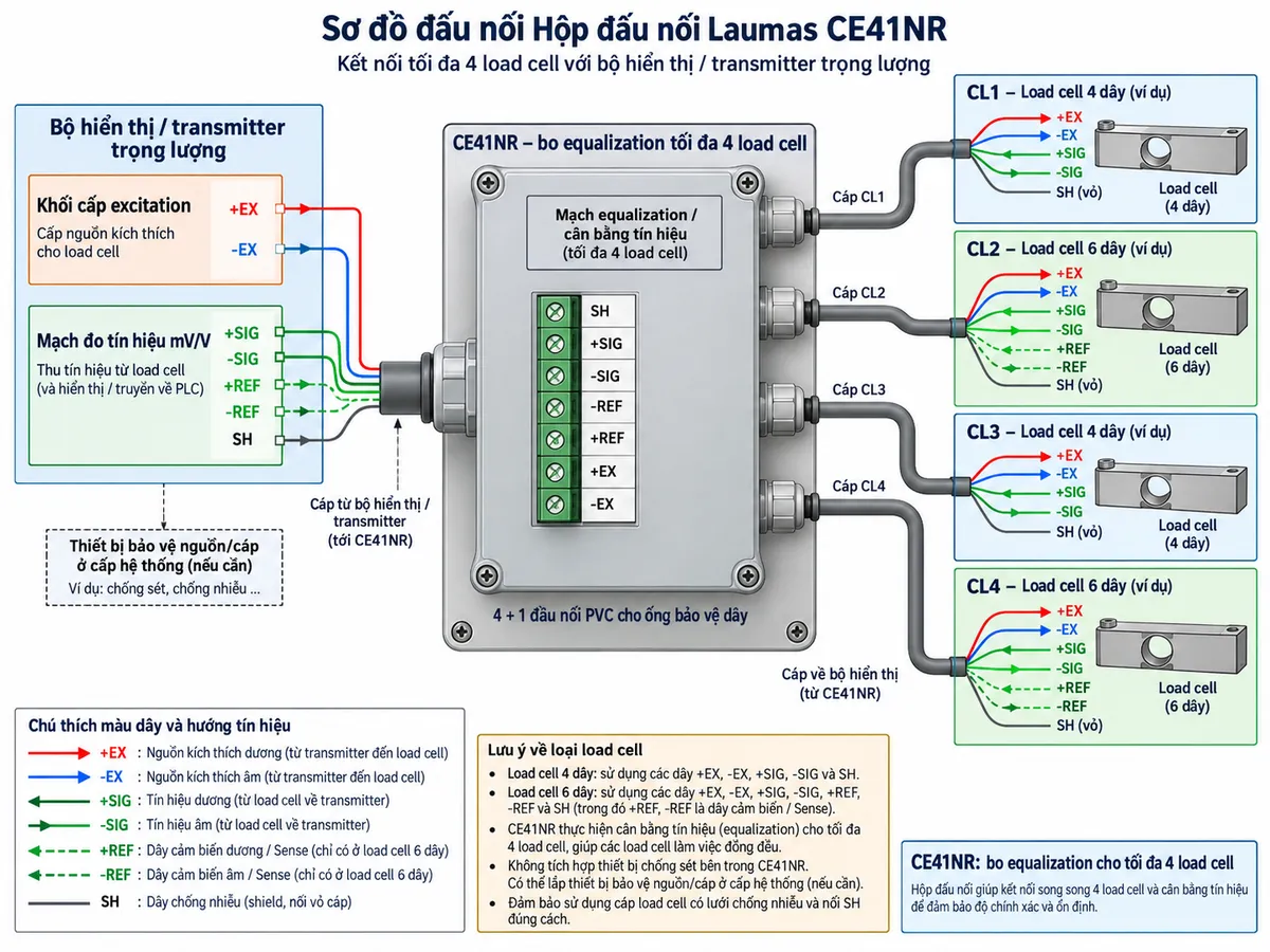 Sơ đồ đấu dây/kết nối Laumas CE41NR trên nền trắng, bố cục ngang, chú thích tiếng Việt. Bên trái là “Bộ hiển thị / transmitter trọng lượng” với khối cấp excitation và mạch đo tín hiệu mV/V. Ở giữa là hộp “CE41NR – bo equalization tối đa 4 load cell”, thể hiện đúng các terminal SH, +SIG, -SIG, -REF, +REF, +EX, -EX và 4 + 1 đầu nối PVC cho ống bảo vệ dây. Bên phải bố trí CL1, CL2, CL3, CL4, minh họa phương án load cell 4 dây và 6 dây; +EX/-EX cấp excitation từ thiết bị cân qua CE41NR tới load cell, +SIG/-SIG trả tín hiệu mV/V về thiết bị cân, +REF/-REF là Ref./Sense khi dùng cấu hình 6 dây, SH nối shield. Thể hiện thiết bị bảo vệ nguồn/cáp ở cấp hệ thống nếu cần nhưng không tự vẽ chức năng chống sét tích hợp trong CE41NR khi hãng không công bố. Dùng mũi tên rõ chiều và không tự gán số chân ngoài ký hiệu terminal của hãng.