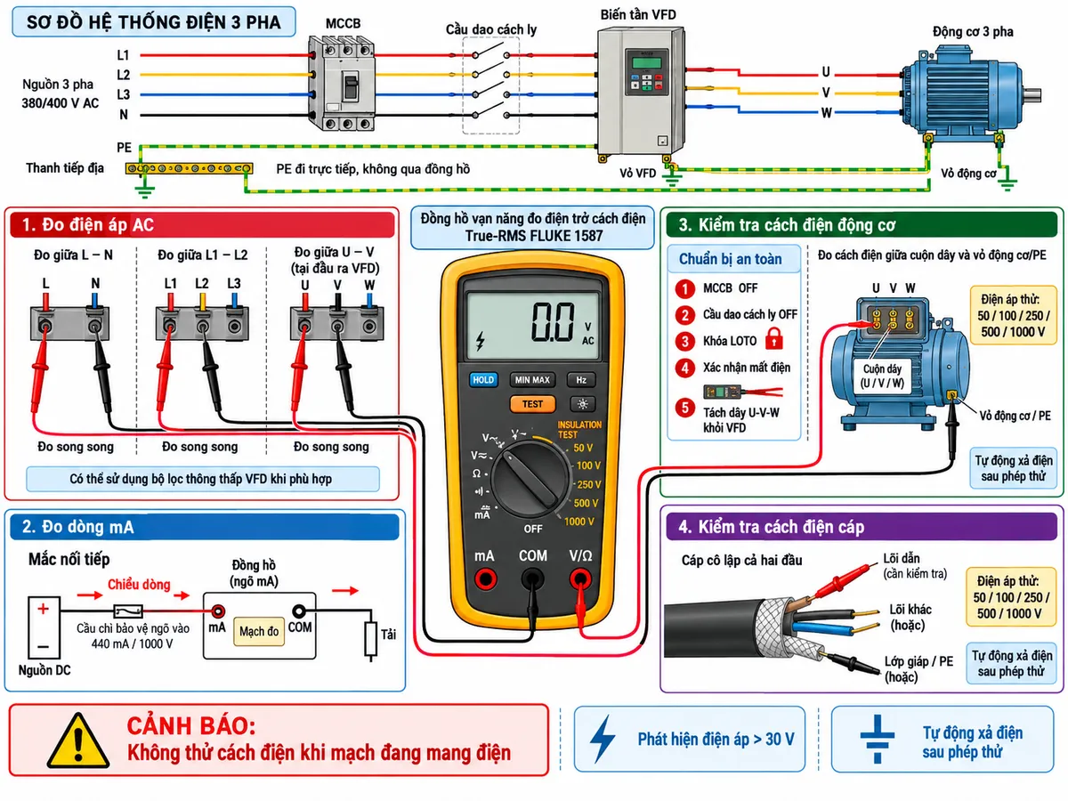 Sơ đồ đấu dây/kết nối kỹ thuật của Đồng hồ vạn năng đo điện trở cách điện True-RMS FLUKE 1587 trên nền trắng, bố cục ngang, chú thích tiếng Việt. Phần trên thể hiện nguồn L1-L2-L3-N-PE đi qua MCCB và cầu dao cách ly tới biến tần VFD rồi động cơ ba pha; dây PE đi trực tiếp từ thanh tiếp địa tới vỏ VFD và vỏ động cơ, tuyệt đối không đi qua đồng hồ. Ở trung tâm đặt FLUKE 1587 với các cổng mA, COM và V/Ω. Nhánh 1 “Đo điện áp AC”: que đỏ vào V/Ω, que đen vào COM, minh họa đo song song L-N, L1-L2 và U-V ở đầu ra VFD; ghi chú “Có thể sử dụng bộ lọc thông thấp VFD khi phù hợp”. Nhánh 2 “Đo dòng mA”: nguồn DC → cầu chì bảo vệ ngõ vào 440 mA/1000 V của đồng hồ → cổng mA → mạch đo → COM → tải, thể hiện mắc nối tiếp và mũi tên chiều dòng. Nhánh 3 “Kiểm tra cách điện động cơ”: MCCB OFF, cầu dao cách ly OFF, khóa LOTO, xác nhận mất điện, tách dây U-V-W của động cơ khỏi VFD; que đo nối giữa cuộn dây và vỏ động cơ/PE; hiển thị lựa chọn điện áp thử 50/100/250/500/1000 V. Nhánh 4 “Kiểm tra cách điện cáp”: cáp cô lập cả hai đầu, một que nối lõi dẫn, que còn lại nối lớp giáp/PE hoặc lõi khác. Cảnh báo nổi bật “Không thử cách điện khi mạch đang mang điện”; thể hiện chức năng phát hiện điện áp lớn hơn 30 V và tự động xả điện sau phép thử.