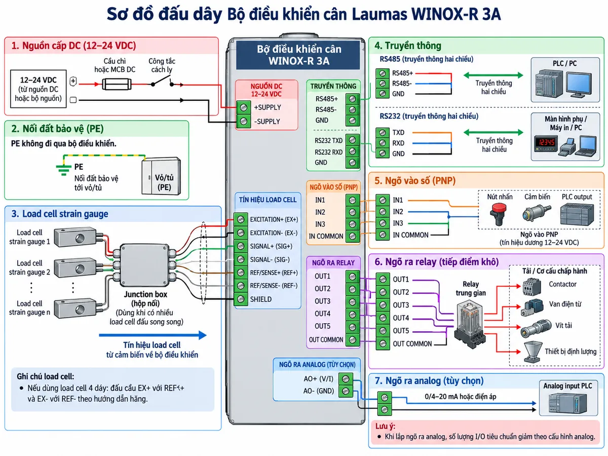 Sơ đồ đấu dây Bộ điều khiển cân Laumas WINOX-R 3A trên nền trắng dạng ngang: nguồn 12–24 VDC đi qua cầu chì hoặc MCB DC và công tắc cách ly rồi vào +SUPPLY và -SUPPLY của WINOX-R 3A; thể hiện nối đất bảo vệ cho vỏ/tủ theo hướng dẫn lắp đặt. Một hoặc nhiều load cell strain gauge đi qua junction box nếu dùng nhiều cảm biến, nối về các cực EXCITATION+/EXCITATION-, SIGNAL+/SIGNAL-, REF/SENSE+/REF/SENSE- và shield; ghi chú load cell 4 dây cần đấu cầu EX+ với REF+ và EX- với REF- theo hướng dẫn hãng. Thể hiện RS485+/RS485-/GND và RS232 TXD/RXD/GND nối tới PLC-PC, màn hình phụ hoặc máy in; các ngõ vào PNP IN1-IN3 với IN COMMON nhận lệnh từ nút nhấn/cảm biến/PLC; các relay OUT1-OUT5 với OUT COMMON điều khiển qua relay trung gian tới contactor, van điện từ, vít tải hoặc thiết bị định lượng; nếu lắp tùy chọn ngõ ra analog thì thể hiện tín hiệu 0/4–20 mA hoặc điện áp tới analog input PLC và ghi chú số lượng I/O tiêu chuẩn giảm theo cấu hình analog. Dùng mũi tên rõ hướng nguồn, tín hiệu load cell và tín hiệu điều khiển, không cho PE đi qua bộ điều khiển.