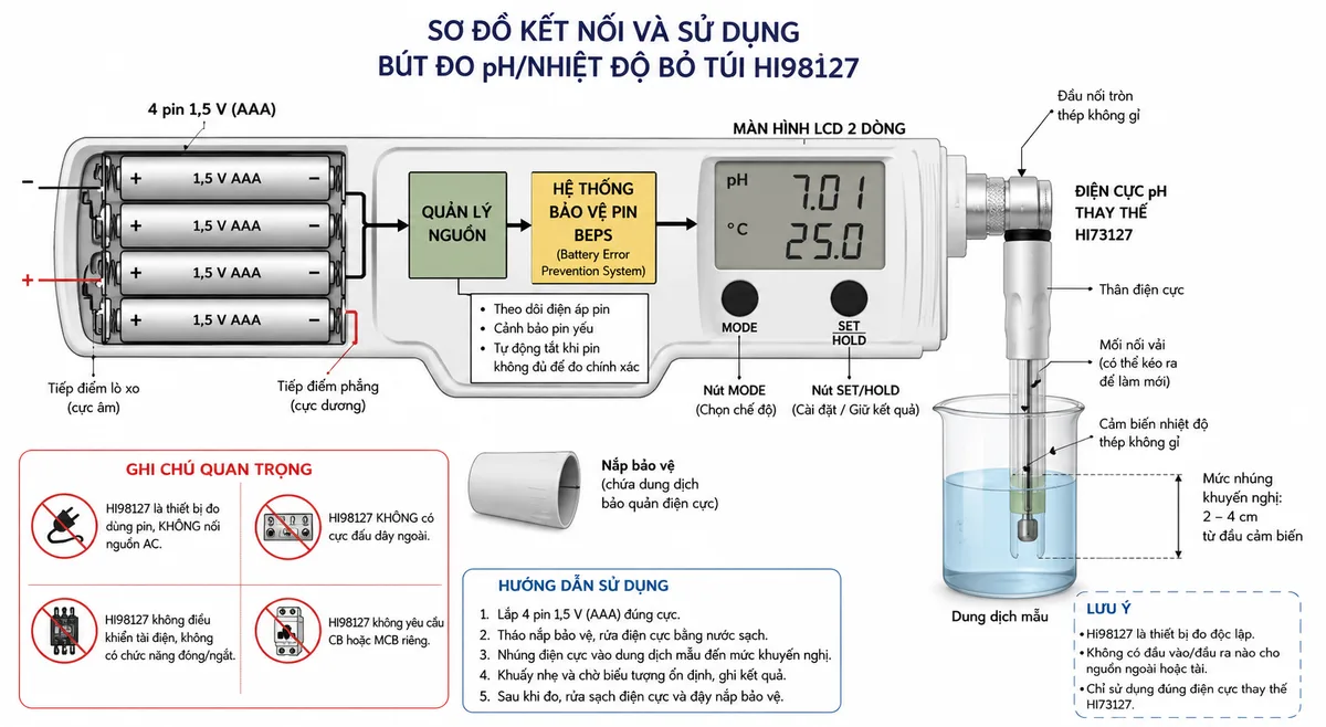 Vẽ sơ đồ kết nối sử dụng Bút Đo pH/Nhiệt Độ Bỏ Túi Hanna HI98127, nền trắng, bố cục ngang, nhãn tiếng Việt; thể hiện 4 pin 1,5 V lắp đúng cực dương và cực âm vào khoang pin, các tiếp điểm pin, khối quản lý nguồn và hệ thống bảo vệ pin BEPS bên trong thân bút, nút MODE, nút SET/HOLD và màn hình LCD hai dòng; phần đầu đo gồm điện cực pH thay thế HI73127 với đầu nối tròn thép không gỉ, mối nối vải có thể kéo ra và cảm biến nhiệt độ thép không gỉ, được nhúng trong cốc dung dịch mẫu đến mức phù hợp; vẽ thêm nắp bảo vệ có dung dịch bảo quản điện cực; ghi chú rõ HI98127 không có cực đấu dây ngoài, không nối nguồn AC, không điều khiển tải điện và không yêu cầu CB hoặc MCB riêng.