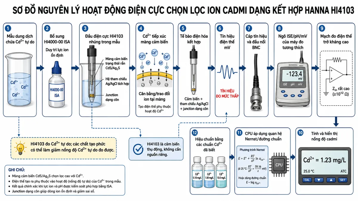 Vẽ sơ đồ nguyên lý hoạt động dạng block diagram kỹ thuật của Hanna HI4103 trên nền trắng, bố cục ngang: mẫu dung dịch chứa Cd²⁺ tự do → bổ sung HI4000-00 ISA để duy trì lực ion ổn định → Cd²⁺ tiếp xúc màng cảm biến trạng thái rắn hỗn hợp CdS/Ag₂S của HI4103 → cân bằng/trao đổi ion tại màng tạo điện thế phụ thuộc hoạt độ Cd²⁺ → cảm biến kết hợp với hệ tham chiếu Ag/AgCl tích hợp và junction dạng côn tạo tế bào điện hóa → tín hiệu điện thế mV → cáp và đầu nối BNC → ngõ ISE/pH/mV của máy đo tương thích → mạch đo điện thế trở kháng cao → hiệu chuẩn bằng các chuẩn Cd²⁺ đã biết → CPU áp dụng quan hệ Nernst/đường chuẩn → tính và hiển thị nồng độ cadmi. Thêm nhánh ghi chú “HI4103 đo Cd²⁺ tự do; các chất tạo phức có thể làm giảm nồng độ Cd²⁺ tự do đo được”. Ghi rõ HI4103 là cảm biến thụ động, không cần nguồn riêng.