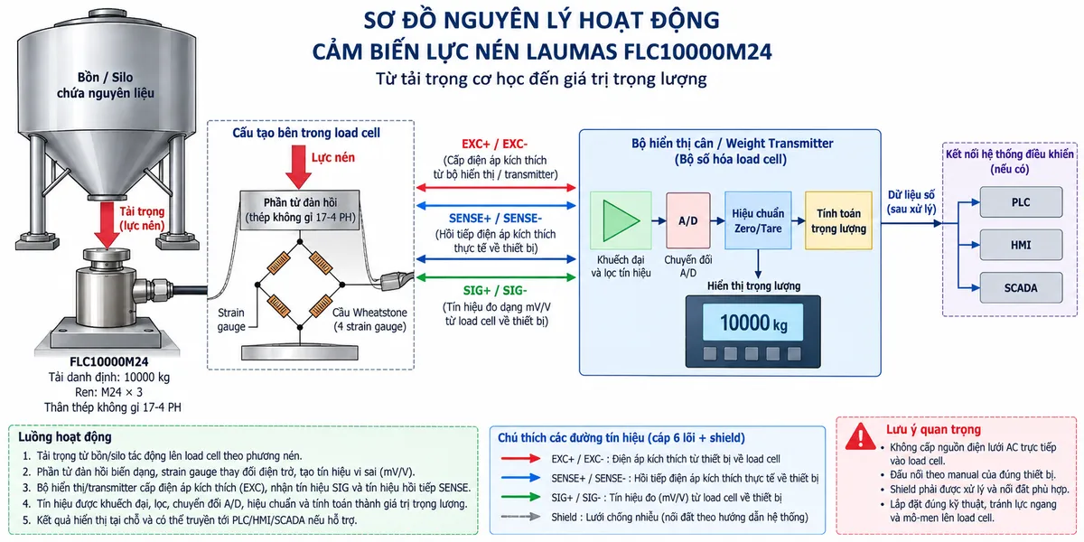 Vẽ sơ đồ nguyên lý hoạt động dạng khối cho cảm biến lực nén Laumas FLC10000M24 trên nền trắng, bố cục ngang. Bắt đầu từ bồn hoặc silo tạo tải trọng cơ học truyền xuống chân đỡ và tác động lực nén lên FLC10000M24 tải danh định 10000 kg. Bên trong load cell thể hiện phần tử đàn hồi bằng thép không gỉ 17-4 PH và bốn strain gauge mắc thành cầu Wheatstone. Từ bộ hiển thị cân hoặc weight transmitter vẽ EXC+/EXC- cấp điện áp kích thích vào cầu đo và SENSE+/SENSE- hồi tiếp điện áp kích thích thực tế về thiết bị đọc. Khi tải thay đổi, phần tử đàn hồi biến dạng làm điện trở strain gauge thay đổi và sinh tín hiệu vi sai SIG+/SIG- dạng mV/V. Tín hiệu tiếp tục qua các khối khuếch đại và lọc, chuyển đổi A/D, hiệu chuẩn, Zero/Tare, tính toán trọng lượng rồi tới màn hình hiển thị. Nếu bộ điện tử cân hỗ trợ giao tiếp công nghiệp, thêm nhánh dữ liệu số sau xử lý tới PLC/HMI/SCADA. Dùng mũi tên và chú thích tiếng Việt để phân biệt luồng lực cơ học, điện áp kích thích, hồi tiếp sense, tín hiệu đo mV/V và dữ liệu số sau xử lý.