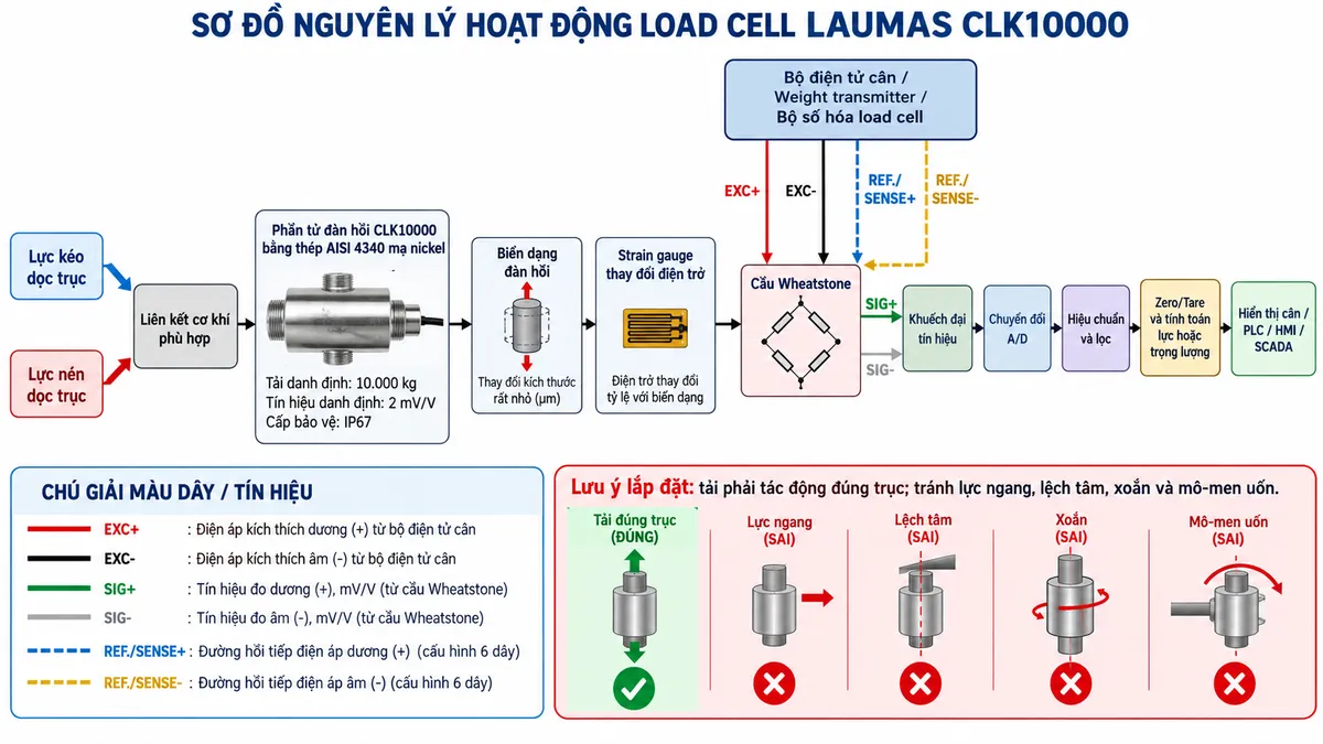 Vẽ sơ đồ nguyên lý hoạt động dạng khối cho Laumas CLK10000 trên nền trắng, bố cục ngang. Bắt đầu từ hai nhánh “Lực kéo dọc trục” và “Lực nén dọc trục” hội tụ vào “Liên kết cơ khí phù hợp” → “Phần tử đàn hồi CLK10000 bằng thép AISI 4340 mạ nickel” → “Biến dạng đàn hồi” → “Strain gauge thay đổi điện trở” → “Cầu Wheatstone”. Phía trên vẽ “Bộ điện tử cân / Weight transmitter / Bộ số hóa load cell”; từ khối này EXC+/EXC- cấp điện áp kích thích tới cầu Wheatstone, REF./SENSE+ và REF./SENSE- hồi tiếp điện áp về thiết bị trong cấu hình sáu dây. Từ cầu Wheatstone vẽ SIG+/SIG- là tín hiệu vi sai mV/V đi tới “Khuếch đại tín hiệu” → “Chuyển đổi A/D” → “Hiệu chuẩn và lọc” → “Zero/Tare và tính toán lực hoặc trọng lượng” → “Hiển thị cân / PLC / HMI / SCADA”. Ghi chú CLK10000 có tải danh định 10.000 kg, tín hiệu danh định 2 mV/V và cấp bảo vệ IP67. Dùng mũi tên rõ chiều luồng cơ học, điện áp kích thích, đường sense và tín hiệu đo; ghi chú tải phải tác động đúng trục, tránh lực ngang, lệch tâm, xoắn và mô-men uốn.