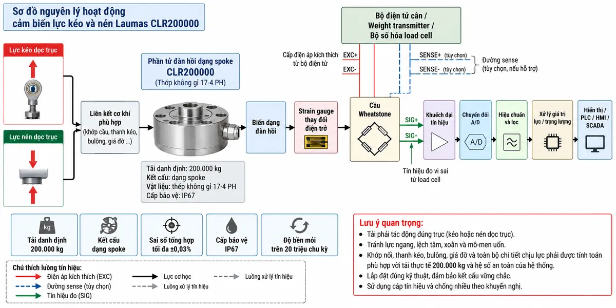 Vẽ sơ đồ nguyên lý hoạt động dạng khối cho Laumas CLR200000 trên nền trắng, bố cục ngang. Bắt đầu từ hai nhánh “Lực kéo dọc trục” và “Lực nén dọc trục” hội tụ vào “Liên kết cơ khí phù hợp” → “Phần tử đàn hồi dạng spoke CLR200000 bằng thép không gỉ 17-4 PH” → “Biến dạng đàn hồi” → “Strain gauge thay đổi điện trở” → “Cầu Wheatstone”. Từ khối “Bộ điện tử cân / Weight transmitter / Bộ số hóa load cell” vẽ EXC+ và EXC- cấp điện áp kích thích tới cầu Wheatstone; nếu hệ thống hỗ trợ sense thì vẽ SENSE+ và SENSE- dưới dạng đường phản hồi tùy chọn. Từ cầu Wheatstone vẽ SIG+ và SIG- mang tín hiệu vi sai tới “Khuếch đại tín hiệu” → “Chuyển đổi A/D” → “Hiệu chuẩn và lọc” → “Xử lý giá trị lực / trọng lượng” → “Hiển thị / PLC / HMI / SCADA”. Thêm các khối chú thích riêng: “Tải danh định: 200.000 kg”, “Kết cấu spoke”, “Sai số tổng hợp tối đa ±0,03%”, “Cấp bảo vệ IP67”, “Độ bền mỏi trên 20 triệu chu kỳ”. Dùng mũi tên rõ ràng để phân biệt luồng lực cơ học, điện áp kích thích, đường sense và tín hiệu đo. Ghi chú tải phải tác động đúng trục; tránh lực ngang, lệch tâm, xoắn và mô-men uốn.
