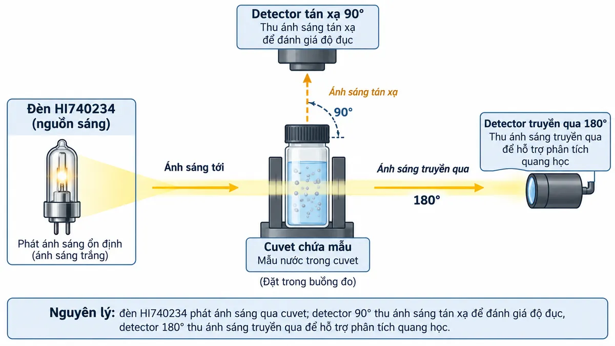 Sơ đồ nguyên lý đèn HI740234 phát ánh sáng qua cuvet, detector tán xạ 90 độ và detector truyền qua 180 độ