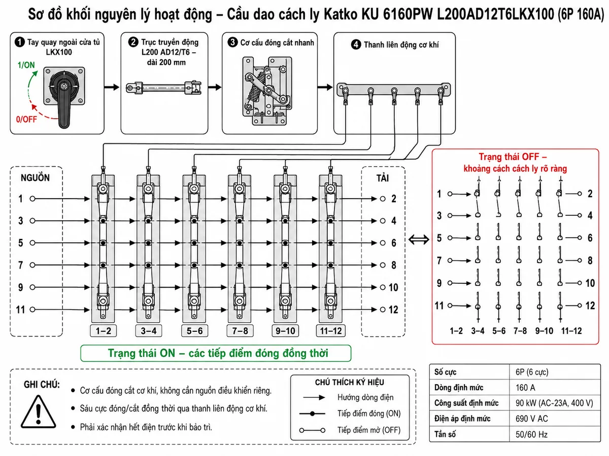 Vẽ sơ đồ khối nguyên lý hoạt động của cầu dao cách ly Katko KU 6160PW L200AD12T6LKX100 trên nền trắng, bố cục ngang. Phía trên lần lượt thể hiện tay quay ngoài cửa tủ LKX100 với hai vị trí 0/OFF và 1/ON, trục truyền động thép L200 AD12/T6 dài 200mm, cơ cấu quay đóng cắt nhanh và thanh liên động cơ khí. Từ thanh liên động vẽ sáu nhánh tác động đồng thời đến sáu tiếp điểm công suất tương ứng các cặp cực 1-2, 3-4, 5-6, 7-8, 9-10 và 11-12. Minh họa trạng thái ON với sáu tiếp điểm đóng và mũi tên dòng điện đi từ nguồn qua cầu dao tới tải; bên cạnh minh họa trạng thái OFF với khoảng cách cách ly rõ ràng. Ghi chú đây là cơ cấu đóng cắt cơ khí, không cần nguồn điều khiển riêng và phải xác nhận hết điện trước khi bảo trì.