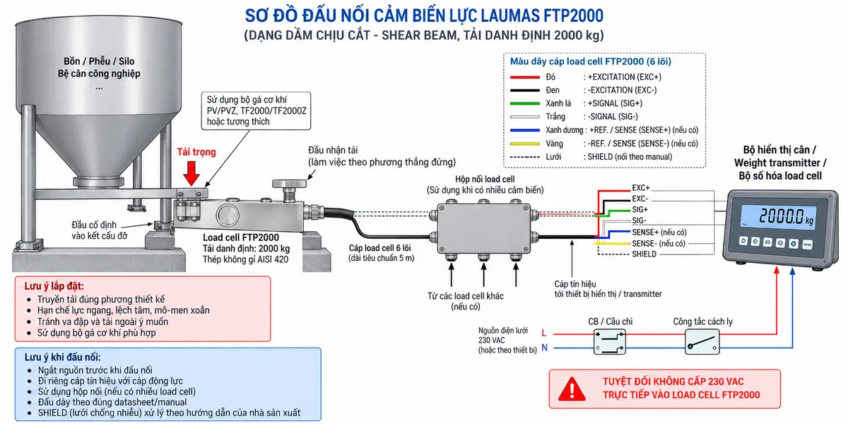 Vẽ sơ đồ đấu dây và kết nối kỹ thuật cho Laumas FTP2000 trên nền trắng, bố cục ngang. Bên trái là bồn, phễu, silo, bệ cân hoặc kết cấu máy truyền tải trọng đúng phương qua bộ gá cơ khí tương thích tới load cell FTP2000 dạng shear beam, tải danh định 2000 kg, thân thép không gỉ AISI 420. Thể hiện một đầu FTP2000 cố định chắc chắn vào kết cấu đỡ và đầu còn lại nhận tải đúng hướng; chú thích hạn chế lực ngang, lệch tâm, mô-men xoắn, va đập và tải ngoài ý muốn. Từ FTP2000 vẽ cáp load cell 6 lõi có SHIELD tới hộp nối khi sử dụng nhiều cảm biến, sau đó tới bộ hiển thị cân, weight transmitter hoặc bộ số hóa. Thể hiện +EXCITATION/EXC+ màu đỏ và -EXCITATION/EXC- màu đen từ thiết bị điện tử cân cấp kích thích cho cầu Wheatstone; +SIGNAL/SIG+ màu xanh lá và -SIGNAL/SIG- màu trắng từ load cell truyền tín hiệu vi sai về thiết bị đọc; +REF./SENSE màu xanh dương và -REF./SENSE màu vàng dùng khi thiết bị đọc hỗ trợ chức năng sense; SHIELD xử lý theo manual. Vẽ nguồn điện lưới chỉ cấp cho bộ hiển thị hoặc transmitter qua CB hoặc cầu chì và công tắc cách ly phù hợp; ghi rõ tuyệt đối không cấp 230 VAC trực tiếp vào FTP2000. Bổ sung lưu ý ngắt nguồn trước khi đấu nối, đi riêng cáp tín hiệu với cáp động lực và sử dụng bộ gá cơ khí tương thích.