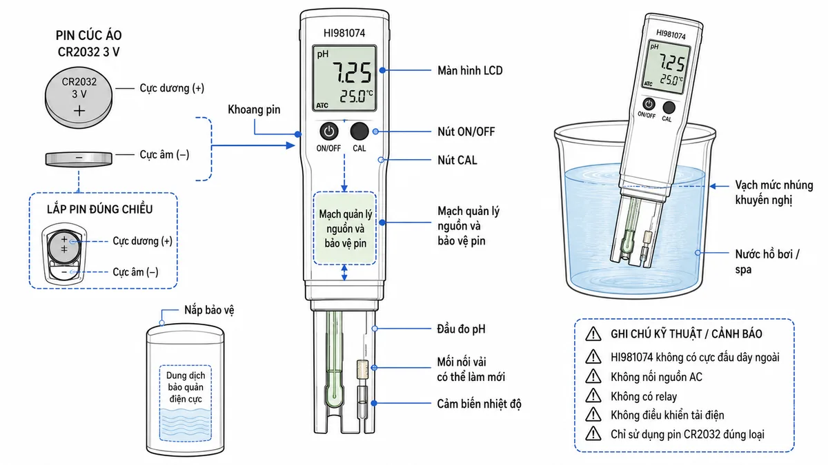 Vẽ sơ đồ kết nối sử dụng Bút Đo pH/Nhiệt Độ Hanna HI981074, nền trắng, bố cục ngang, nhãn tiếng Việt; thể hiện pin CR2032 3 V với cực dương và cực âm tiếp xúc đúng khoang pin, mạch quản lý nguồn và bảo vệ pin bên trong thân bút, nút ON/OFF, nút CAL và màn hình LCD; phần đầu đo gồm điện cực pH tích hợp, mối nối vải có thể làm mới và cảm biến nhiệt độ, được nhúng đến vạch mức khuyến nghị trong cốc mẫu nước hồ bơi hoặc spa; vẽ nắp bảo vệ có dung dịch bảo quản điện cực; ghi chú rõ HI981074 không có cực đấu dây ngoài, không nối nguồn AC, không có relay, không điều khiển tải điện và chỉ sử dụng pin CR2032 đúng loại.