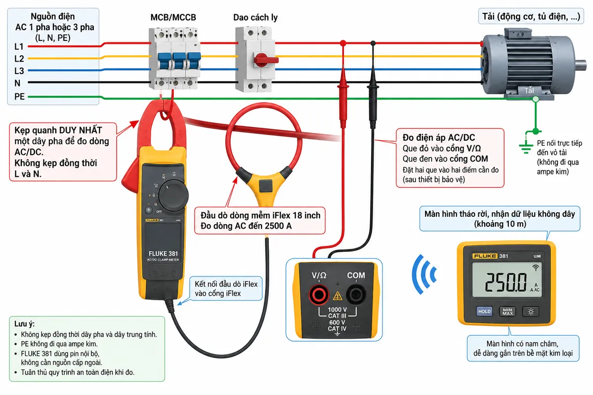 Sơ đồ đấu dây và kết nối Ampe kìm AC/DC FLUKE 381 trên nền trắng, bố cục ngang, chú thích tiếng Việt. Thể hiện nguồn điện AC một pha hoặc ba pha đi qua thiết bị bảo vệ MCB/MCCB và dao cách ly đến tải như động cơ hoặc tủ điện; hàm kẹp FLUKE 381 kẹp quanh duy nhất một dây pha để đo dòng AC/DC, ghi rõ không kẹp đồng thời L và N; nhánh iFlex 18 inch kết nối vào cổng iFlex của FLUKE 381 và vòng quanh một dây dẫn để đo dòng AC đến 2500 A; nhánh đo điện áp dùng que đỏ nối cổng V/Ω và que đen nối cổng COM đặt vào hai điểm cần đo sau thiết bị bảo vệ; thể hiện PE nối trực tiếp đến vỏ tải và không đi qua ampe kìm; ghi chú FLUKE 381 dùng pin nội bộ, không cần nguồn cấp ngoài; thể hiện màn hình tháo rời nhận dữ liệu không dây từ thân máy.