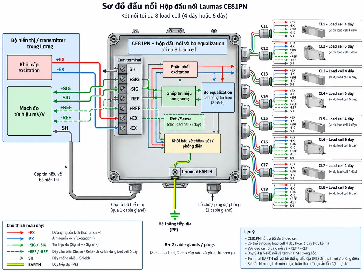 Sơ đồ đấu dây/kết nối Laumas CE81PN trên nền trắng, bố cục ngang, chú thích tiếng Việt. Bên trái là “Bộ hiển thị / transmitter trọng lượng” gồm khối cấp excitation và mạch đo tín hiệu mV/V. Ở giữa là “CE81PN – hộp đấu nối và bo equalization tối đa 8 load cell”, thể hiện các terminal SH, +SIG, -SIG, -REF, +REF, +EX, -EX, terminal EARTH và khối bảo vệ chống sét/phóng điện của hộp. Thể hiện 8 + 2 cable glands / plugs. Bên phải bố trí CL1 đến CL8, minh họa cả load cell 4 dây và 6 dây; +EX/-EX cấp excitation, +SIG/-SIG trả tín hiệu mV/V, +REF/-REF là Ref./Sense khi dùng 6 dây, SH nối shield. Terminal EARTH nối hệ thống tiếp địa. Dùng mũi tên rõ chiều và không tự gán số chân ngoài các ký hiệu terminal do hãng công bố.