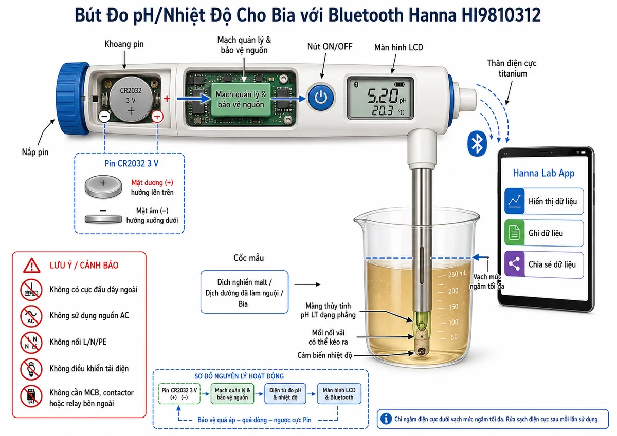 Vẽ sơ đồ kết nối sử dụng Bút Đo pH/Nhiệt Độ Cho Bia với Bluetooth Hanna HI9810312, nền trắng, bố cục ngang và nhãn tiếng Việt. Thể hiện pin CR2032 3 V với cực dương (+) và cực âm (−) lắp đúng chiều trong khoang pin; nắp pin, mạch quản lý và bảo vệ nguồn bên trong thân bút; nút ON/OFF, màn hình LCD và điện cực pH tích hợp bằng titanium. Phần đầu đo gồm màng thủy tinh pH LT dạng phẳng, mối nối vải có thể kéo ra và cảm biến nhiệt độ, được nhúng đến dưới vạch mức ngâm tối đa trong cốc chứa dịch nghiền malt, dịch đường đã làm nguội hoặc bia. Vẽ kết nối Bluetooth không dây từ HI9810312 tới điện thoại hoặc máy tính bảng chạy Hanna Lab App để hiển thị, ghi và chia sẻ dữ liệu. Ghi chú rõ thiết bị không có cực đấu dây ngoài, không sử dụng nguồn AC, không nối L/N/PE, không điều khiển tải điện và không cần MCB, contactor hoặc relay bên ngoài.