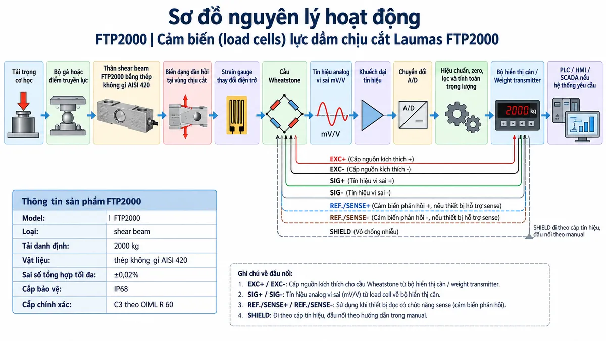 Vẽ sơ đồ nguyên lý hoạt động dạng khối cho Laumas FTP2000 trên nền trắng, bố cục ngang. Luồng chính gồm: Tải trọng cơ học → Bộ gá hoặc điểm truyền lực → Thân shear beam FTP2000 bằng thép không gỉ AISI 420 → Biến dạng đàn hồi tại vùng chịu cắt → Strain gauge thay đổi điện trở → Cầu Wheatstone → Tín hiệu analog vi sai mV/V → Khuếch đại tín hiệu → Chuyển đổi A/D → Hiệu chuẩn, zero, lọc và tính toán trọng lượng → Bộ hiển thị cân hoặc Weight transmitter → PLC/HMI/SCADA nếu hệ thống yêu cầu. Vẽ EXC+/EXC- từ thiết bị điện tử cân tới cầu Wheatstone, SIG+/SIG- truyền tín hiệu trở về; thể hiện REF./SENSE+/REF./SENSE- là đường hồi tiếp điện áp kích thích khi thiết bị đọc sử dụng chức năng sense và SHIELD đi cùng cáp tín hiệu, đấu nối theo manual. Thêm khối nhận diện gồm FTP2000, shear beam, tải danh định 2000 kg, thép không gỉ AISI 420, sai số tổng hợp tối đa ±0,02%, cấp bảo vệ IP68 và cấp chính xác C3 theo OIML R 60.