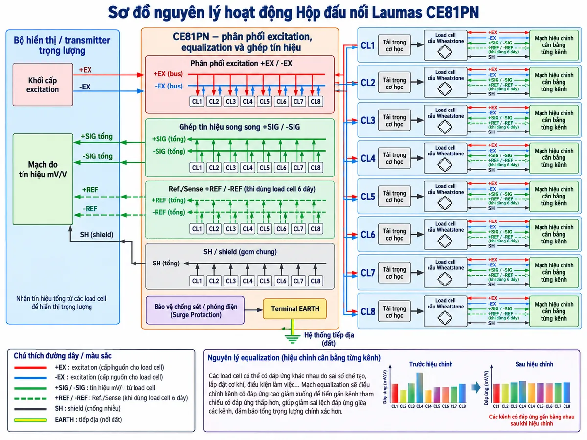 Sơ đồ nguyên lý hoạt động Laumas CE81PN trên nền trắng, bố cục ngang, chú thích tiếng Việt. Bên trái là “Bộ hiển thị / transmitter trọng lượng” gồm “Khối cấp excitation” và “Mạch đo tín hiệu mV/V”. Ở giữa là “CE81PN – phân phối excitation, equalization và ghép tín hiệu”; bus +EX/-EX từ thiết bị cân chia song song tới 8 nhánh CL1-CL8. Bên phải mỗi nhánh gồm “Tải trọng cơ học” → “Load cell cầu Wheatstone” → “Tín hiệu mV/V” → “Mạch hiệu chỉnh cân bằng từng kênh”. Thể hiện quá trình equalization giúp giảm sai lệch đáp ứng giữa các kênh. Sau cân bằng, 8 cặp +SIG/-SIG đi vào “Ghép tín hiệu song song” và tạo tín hiệu tổng quay về mạch đo của transmitter. Nếu dùng load cell 6 dây, thể hiện thêm +REF/-REF Ref./Sense; SH/shield thể hiện riêng. Phía dưới thể hiện terminal EARTH và khối bảo vệ chống sét/phóng điện liên kết với hệ thống tiếp địa. Không tự gán giá trị biến trở hoặc số chân không được hãng công bố.