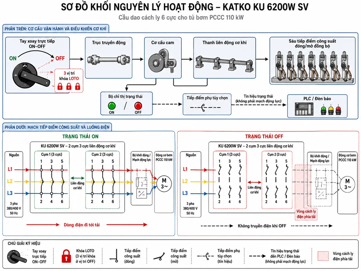 Vẽ sơ đồ khối nguyên lý hoạt động của cầu dao cách ly Katko KU 6200W SV trên nền trắng, bố cục ngang. Phía trên thể hiện tay xoay trực tiếp ON-OFF, ba vị trí gắn ổ khóa LOTO tại OFF, trục truyền động, cơ cấu cam, thanh liên động cơ khí, bộ chỉ thị trạng thái và nhánh tiếp điểm phụ tùy chọn truyền tín hiệu tới PLC hoặc đèn báo. Phía dưới thể hiện hai cụm ba cực, mỗi cụm gồm các tiếp điểm 1-2, 3-4, 5-6; tổng cộng sáu tiếp điểm công suất đóng mở đồng bộ. Minh họa trạng thái ON với sáu tiếp điểm đóng và mũi tên dòng điện đi từ nguồn sang bộ khởi động hoặc động cơ bơm PCCC 110kW; minh họa trạng thái OFF với sáu tiếp điểm mở và vùng cách ly điện rõ ràng phía tải.