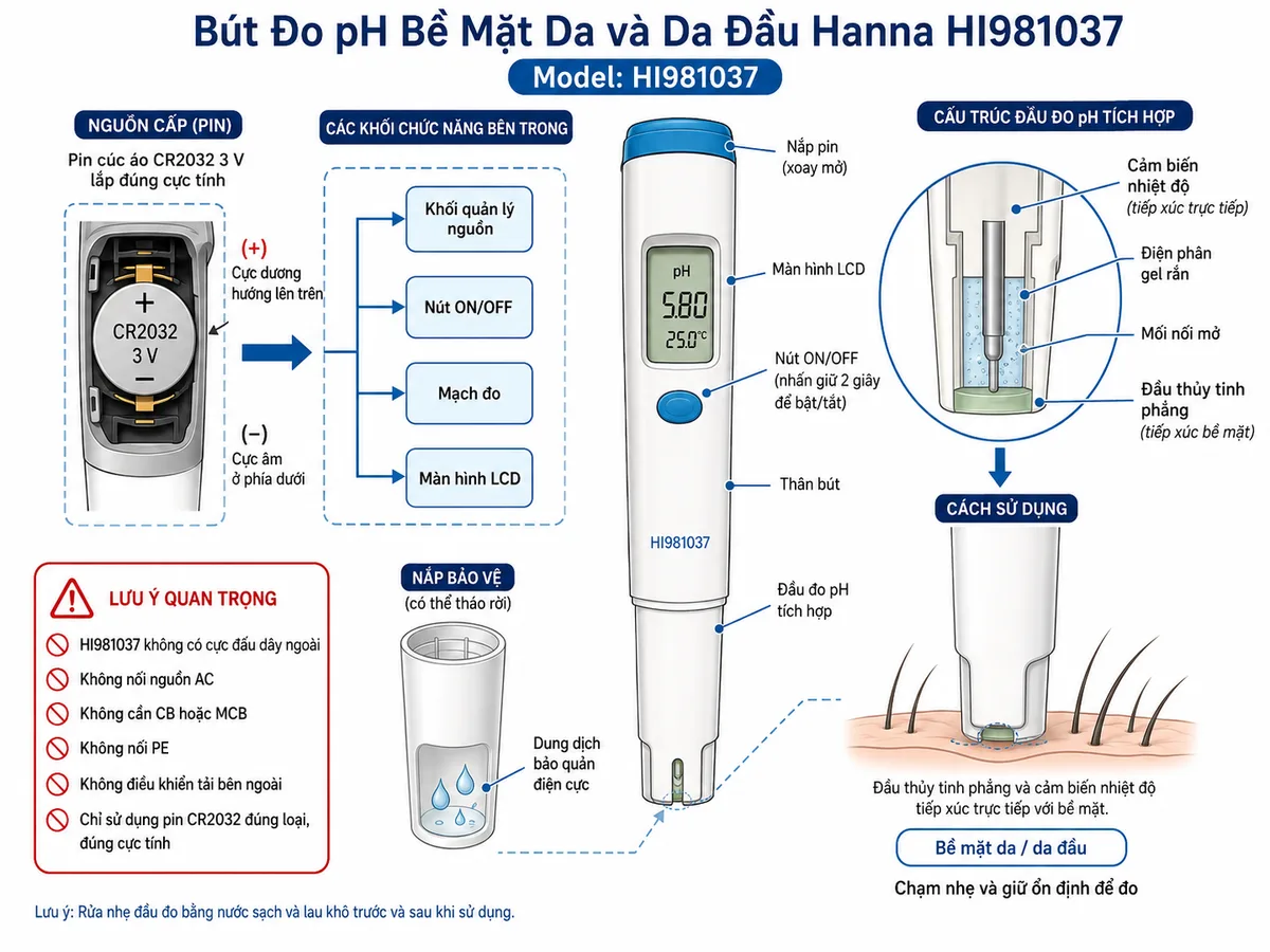Vẽ sơ đồ kết nối sử dụng Bút Đo pH Bề Mặt Da và Da Đầu Hanna HI981037, nền trắng, bố cục ngang, nhãn tiếng Việt và phong cách kỹ thuật đo lường. Thể hiện pin CR2032 3 V với cực dương và cực âm tiếp xúc đúng khoang pin, cực dương hướng lên trên; từ khoang pin dẫn tới khối quản lý nguồn, nút ON/OFF, mạch đo và màn hình LCD là các tải điện nội bộ. Phần đầu bút thể hiện điện cực pH tích hợp gồm đầu thủy tinh phẳng, mối nối mở, điện phân gel rắn và cảm biến nhiệt độ tiếp xúc trực tiếp với bề mặt da hoặc da đầu. Vẽ thêm nắp bảo vệ chứa vài giọt dung dịch bảo quản điện cực. Ghi chú rõ HI981037 không có cực đấu dây ngoài, không nối nguồn AC, không cần CB hoặc MCB, không nối PE, không điều khiển tải bên ngoài và chỉ sử dụng pin CR2032 đúng loại, đúng cực tính.