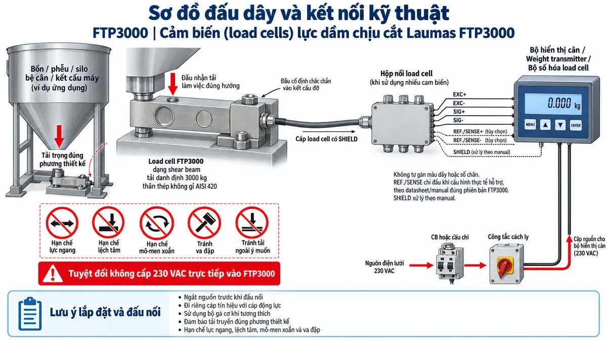 Vẽ sơ đồ đấu dây và kết nối kỹ thuật cho Laumas FTP3000 trên nền trắng, bố cục ngang. Bên trái là bồn, phễu, silo, bệ cân hoặc kết cấu máy truyền tải trọng đúng phương qua bộ gá cơ khí tương thích tới load cell FTP3000 dạng shear beam, tải danh định 3000 kg, thân thép không gỉ AISI 420. Thể hiện một đầu FTP3000 cố định chắc chắn vào kết cấu đỡ và đầu còn lại nhận tải đúng hướng; chú thích hạn chế lực ngang, lệch tâm, mô-men xoắn, va đập và tải ngoài ý muốn. Từ FTP3000 vẽ cáp load cell có SHIELD tới hộp nối khi sử dụng nhiều cảm biến, sau đó tới bộ hiển thị cân, weight transmitter hoặc bộ số hóa. Thể hiện EXC+/EXC- từ thiết bị điện tử cân cấp điện áp kích thích cho cầu Wheatstone và SIG+/SIG- truyền tín hiệu vi sai từ load cell về thiết bị đọc; REF./SENSE+/REF./SENSE- chỉ thể hiện khi cấu hình thực tế hỗ trợ và ghi chú phải đấu theo datasheet/manual đúng phiên bản; SHIELD xử lý theo manual. Không tự gán màu dây hoặc số chân. Vẽ nguồn điện lưới chỉ cấp cho bộ hiển thị hoặc transmitter qua CB hoặc cầu chì và công tắc cách ly phù hợp; ghi rõ tuyệt đối không cấp 230 VAC trực tiếp vào FTP3000. Bổ sung lưu ý ngắt nguồn trước khi đấu nối, đi riêng cáp tín hiệu với cáp động lực và sử dụng bộ gá cơ khí tương thích.