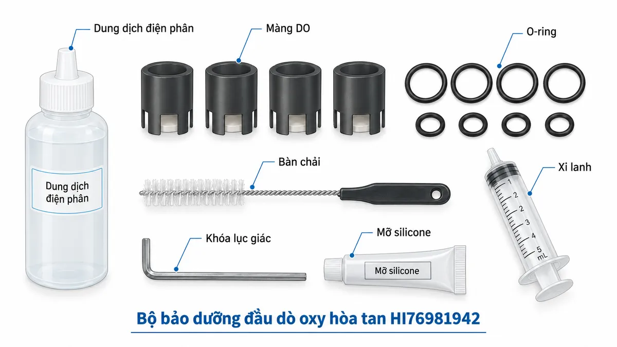 Sơ đồ các thành phần trong bộ bảo dưỡng đầu dò oxy hòa tan Hanna HI76981942 gồm dung dịch điện phân, màng DO, O-ring, bàn chải, khóa lục giác, mỡ silicone và xi lanh