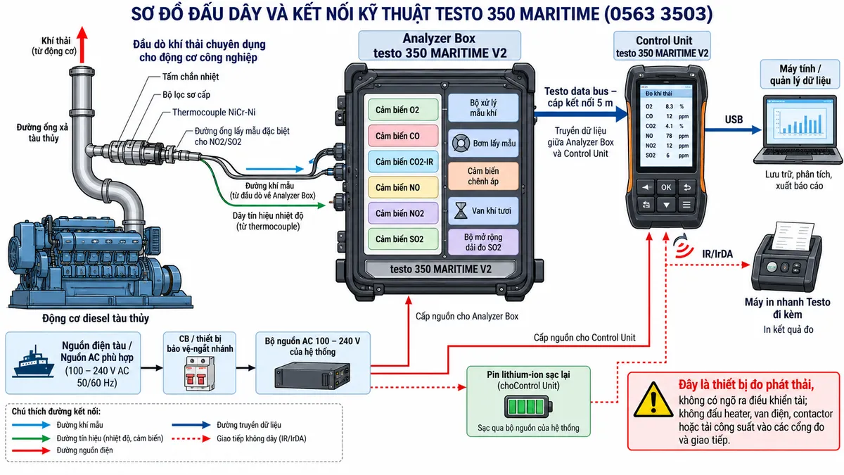 Vẽ sơ đồ đấu dây và kết nối kỹ thuật cho máy đo khí thải động cơ tàu diesel testo 350 MARITIME mã 0563 3503 trên nền trắng, bố cục ngang. Bên trái thể hiện động cơ diesel tàu thủy và đường ống xả; đầu dò khí thải chuyên dụng cho động cơ công nghiệp được lắp tại điểm lấy mẫu, có bộ lọc sơ cấp, tấm chắn nhiệt, thermocouple NiCr-Ni và đường ống lấy mẫu đặc biệt cho NO2/SO2 đi tới Analyzer Box testo 350 MARITIME V2. Ở giữa thể hiện Analyzer Box tích hợp các cảm biến O2, CO, CO2-IR, NO, NO2, SO2, bộ xử lý mẫu khí, bơm lấy mẫu, cảm biến chênh áp, van khí tươi và bộ mở rộng dải đo SO2; không tự gán số chân cho các đầu nối khi tài liệu không công bố. Từ Analyzer Box vẽ Testo data bus qua cáp kết nối 5 m tới Control Unit testo 350 MARITIME V2. Phía dưới thể hiện nguồn điện tàu hoặc nguồn AC phù hợp → CB/thiết bị bảo vệ-ngắt nhánh → bộ nguồn AC 100–240 V của hệ thống → Analyzer Box/Control Unit, đồng thời thể hiện pin lithium-ion sạc lại. Bên phải vẽ USB tới máy tính để quản lý dữ liệu và giao tiếp IR/IrDA tới máy in nhanh Testo đi kèm. Ghi rõ đây là thiết bị đo phát thải, không có ngõ ra điều khiển tải; không đấu heater, van điện, contactor hoặc tải công suất vào các cổng đo và giao tiếp.