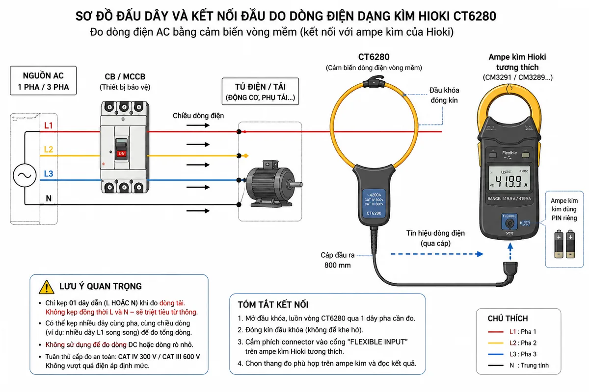 Vẽ sơ đồ đấu dây và kết nối Đầu đo dòng điện dạng kìm HIOKI CT6280, nền trắng, bố cục ngang, nhãn tiếng Việt, phong cách kỹ thuật điện công nghiệp; thể hiện nguồn AC một pha hoặc ba pha đi qua CB hoặc MCCB bảo vệ rồi cấp cho tải động cơ hoặc tủ điện; chọn riêng một dây pha L hoặc L1 đi xuyên qua vòng cảm biến mềm CT6280, dây N và các pha còn lại nằm ngoài vòng; thể hiện đầu khóa vòng cảm biến đóng kín, cáp đầu ra 800 mm và phích cắm nối vào cổng đầu vào Flexible trên ampe kìm HIOKI tương thích như CM3291 hoặc CM3289; ampe kìm dùng pin riêng, CT6280 không có nguồn cấp ngoài riêng; dùng mũi tên chỉ chiều dòng điện từ nguồn qua thiết bị bảo vệ tới tải và luồng tín hiệu từ CT6280 tới màn hình ampe kìm; thêm chú thích không kẹp đồng thời L và N khi đo dòng tải, không vượt CAT IV 300 V hoặc CAT III 600 V