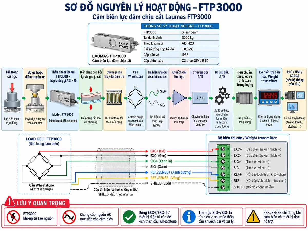 Vẽ sơ đồ nguyên lý hoạt động dạng khối cho Laumas FTP3000 trên nền trắng, bố cục ngang. Luồng chính gồm: Tải trọng cơ học → Bộ gá hoặc điểm truyền lực → Thân shear beam FTP3000 bằng thép không gỉ AISI 420 → Biến dạng đàn hồi tại vùng chịu cắt → Strain gauge thay đổi điện trở → Cầu Wheatstone → Tín hiệu analog vi sai từ load cell → Khuếch đại tín hiệu → Chuyển đổi A/D → Hiệu chuẩn, zero, lọc và tính toán trọng lượng → Bộ hiển thị cân hoặc Weight transmitter → PLC/HMI/SCADA nếu hệ thống yêu cầu. Vẽ nhánh EXC+/EXC- từ thiết bị điện tử cân cấp điện áp kích thích tới cầu Wheatstone và SIG+/SIG- truyền tín hiệu trở về; REF./SENSE+/REF./SENSE- thể hiện là đường hồi tiếp điện áp kích thích khi cấu hình thiết bị hỗ trợ; SHIELD đi cùng cáp tín hiệu và đấu theo manual. Thêm khối nhận diện: FTP3000, shear beam, tải danh định 3000 kg, thép không gỉ AISI 420, sai số tổng hợp tối đa ±0,02%, cấp bảo vệ IP68 và cấp chính xác C3 theo OIML R 60.
