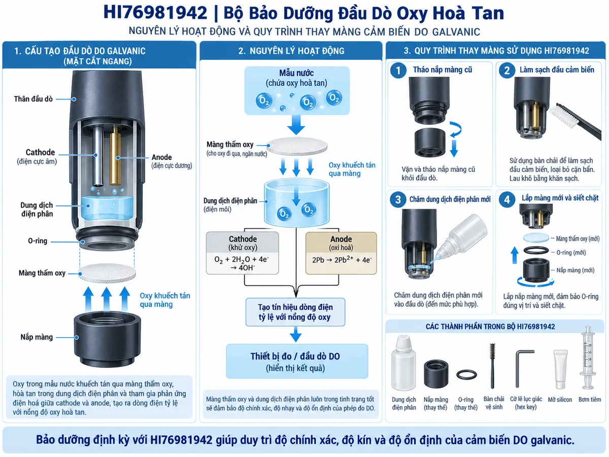 Sơ đồ nguyên lý bảo dưỡng cảm biến DO galvanic với màng thấm oxy, dung dịch điện phân, cathode, O-ring và quy trình thay màng bằng bộ HI76981942