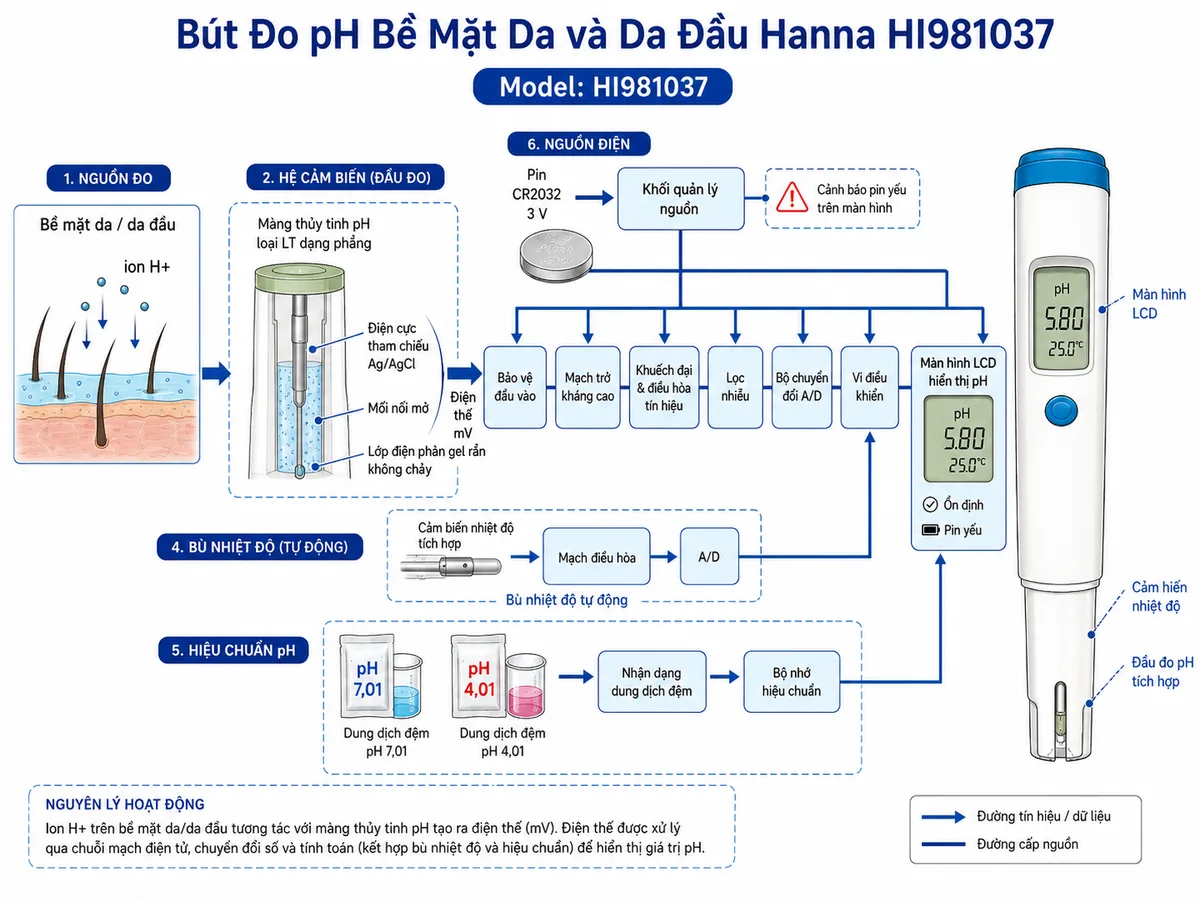Vẽ sơ đồ nguyên lý hoạt động dạng khối của Bút Đo pH Bề Mặt Da và Da Đầu Hanna HI981037, nền trắng, bố cục ngang, nhãn tiếng Việt và phong cách kỹ thuật đo lường. Luồng chính bắt đầu từ bề mặt da hoặc da đầu có lớp ẩm và ion H+, đi tới màng thủy tinh pH loại LT dạng phẳng; tín hiệu được so sánh với điện cực tham chiếu Ag/AgCl qua mối nối mở và lớp điện phân gel rắn không chảy. Điện thế mV tiếp tục qua khối bảo vệ đầu vào, mạch trở kháng cao, khuếch đại và điều hòa tín hiệu, lọc nhiễu, bộ chuyển đổi A/D, vi điều khiển rồi tới màn hình LCD hiển thị pH. Vẽ nhánh riêng từ cảm biến nhiệt độ tích hợp qua mạch điều hòa và A/D tới vi điều khiển để bù nhiệt độ tự động. Bổ sung nhánh hiệu chuẩn từ dung dịch đệm pH 7,01 và pH 4,01 tới khối nhận dạng dung dịch đệm và bộ nhớ hiệu chuẩn. Thể hiện biểu tượng ổn định, cảnh báo pin yếu và nguồn pin CR2032 cấp cho toàn bộ các khối điện tử.