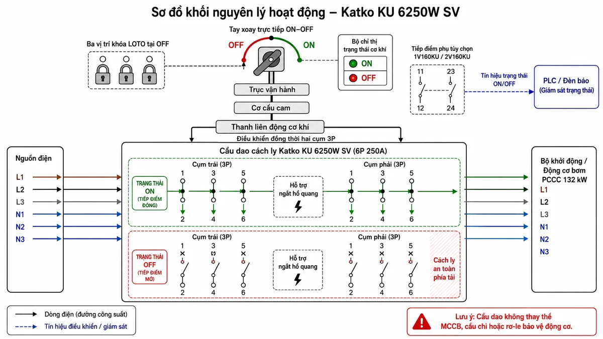 Vẽ sơ đồ khối nguyên lý hoạt động của Cầu dao cách ly Katko KU 6250W SV trên nền trắng, bố cục ngang. Phía trên thể hiện tay xoay trực tiếp ON-OFF truyền lực đến trục vận hành, cơ cấu cam và thanh liên động cơ khí. Từ cơ cấu liên động, vẽ đường điều khiển đồng thời đến hai cụm ba tiếp điểm công suất; mỗi cụm gồm các tiếp điểm 1-2, 3-4 và 5-6. Thể hiện trạng thái ON với sáu tiếp điểm đóng và mũi tên dòng điện từ nguồn qua cầu dao đến bộ khởi động hoặc động cơ bơm PCCC; trạng thái OFF với sáu tiếp điểm mở và vùng cách ly điện rõ ràng phía tải. Bổ sung khối hỗ trợ ngắt hồ quang, bộ chỉ thị trạng thái cơ khí, ba ổ khóa LOTO tại OFF và nhánh tiếp điểm phụ tùy chọn truyền trạng thái về PLC hoặc đèn báo. Ghi chú cầu dao không thay thế MCCB, cầu chì hoặc rơ-le bảo vệ động cơ.