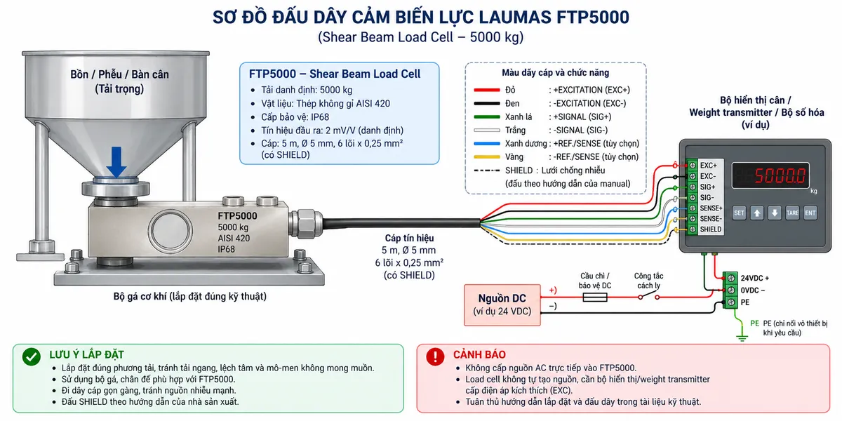 Vẽ sơ đồ đấu dây/kết nối kỹ thuật cho cảm biến shear beam Laumas FTP5000 trên nền trắng, bố cục ngang. Bên trái thể hiện bồn, phễu, bàn cân hoặc kết cấu tải truyền lực đúng phương qua bộ gá cơ khí tới FTP5000 ở giữa. Ghi nhận diện FTP5000, tải danh định 5000 kg, thân thép không gỉ AISI 420, IP68. Từ cảm biến vẽ cáp dài 5 m, đường kính 5 mm, 6 lõi x 0,25 mm² cùng SHIELD sang bộ hiển thị cân, Weight transmitter hoặc bộ số hóa ở bên phải. Thể hiện +EXCITATION/EXC+ màu đỏ và -EXCITATION/EXC- màu đen từ thiết bị điện tử cân cấp kích thích tới cảm biến; +SIGNAL/SIG+ màu xanh lá và -SIGNAL/SIG- màu trắng truyền tín hiệu vi sai từ cảm biến về thiết bị; +REF./SENSE màu xanh dương và -REF./SENSE màu vàng là đường hồi tiếp điện áp kích thích khi thiết bị hỗ trợ; SHIELD đi cùng cáp và ghi chú đấu theo manual. Phía dưới vẽ nguồn DC phù hợp cấp riêng cho bộ hiển thị/weight transmitter qua cầu chì hoặc thiết bị bảo vệ DC và công tắc cách ly; PE chỉ nối với vỏ hoặc điểm tiếp địa của thiết bị điện tử khi yêu cầu, không đi qua các dây đo của load cell. Ghi chú rõ: không cấp nguồn AC trực tiếp vào FTP5000; tránh tải ngang, lệch tâm và mô-men không mong muốn.