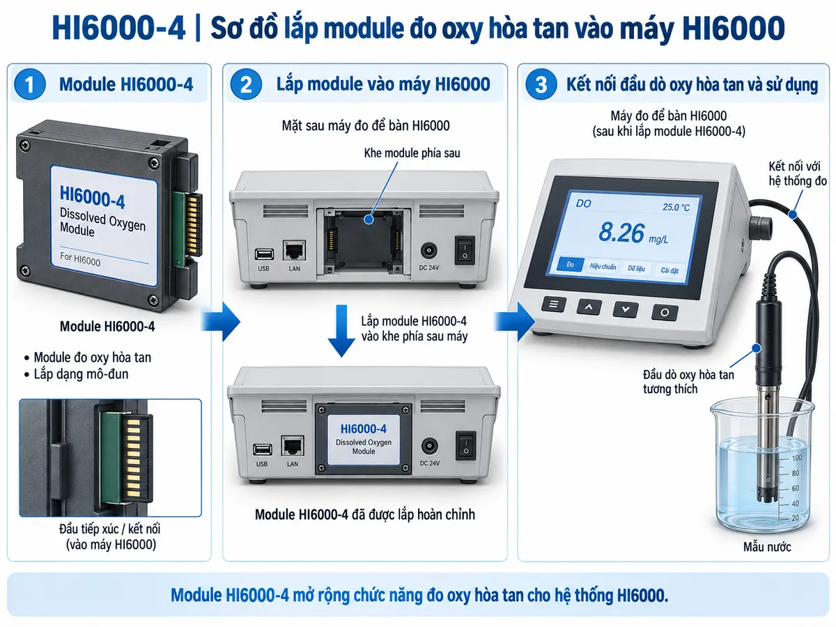 Sơ đồ lắp module HI6000-4 vào khe module phía sau máy đo để bàn HI6000 và kết nối với đầu dò oxy hòa tan tương thích