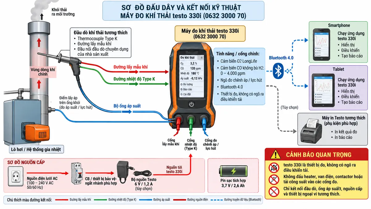 Vẽ sơ đồ đấu dây và kết nối kỹ thuật cho máy đo khí thải testo 330i mã 0632 3000 70 trên nền trắng, bố cục ngang. Bên trái thể hiện lò hơi hoặc hệ thống gia nhiệt và ống khói; đầu dò khí thải tương thích được đặt trong vùng dòng khí chính, gồm đường lấy mẫu khí và thermocouple Type K đi tới đầu nối đầu dò chuyên dụng của testo 330i, không tự gán số chân hoặc cực điện khi tài liệu không công bố. Vẽ nhánh điểm lấy áp trên hệ thống qua bộ ống áp suất tới ngõ đo chênh áp/lực hút. Ở giữa ghi rõ thiết bị tích hợp cảm biến O2 LongLife và cảm biến CO không bù H2 dải 0–4.000 ppm. Phía dưới thể hiện nguồn điện lưới AC qua CB hoặc thiết bị bảo vệ/ngắt nhánh phù hợp → bộ nguồn Testo 6 V/1,2 A tùy chọn → thiết bị; đồng thời ghi chú pin sạc 3,7 V/2,6 Ah tích hợp. Bên phải vẽ Bluetooth 4.0 tới smartphone/tablet chạy ứng dụng testo 330i để hiển thị, điều khiển và tạo báo cáo; thể hiện máy in Testo tương thích nếu sử dụng phụ kiện phù hợp. Ghi rõ testo 330i là thiết bị đo, không có ngõ ra điều khiển tải và không đấu heater, van điện, contactor hoặc tải công suất vào các cổng đo.