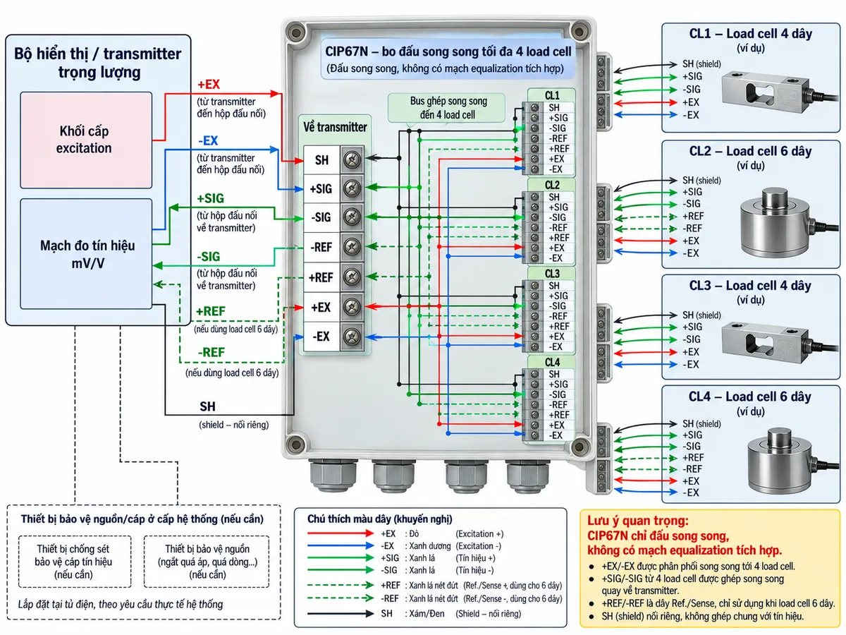 Sơ đồ đấu dây/kết nối Laumas CIP67N trên nền trắng, bố cục ngang, chú thích tiếng Việt. Bên trái là “Bộ hiển thị / transmitter trọng lượng” gồm khối cấp excitation và mạch đo tín hiệu mV/V. Ở giữa là “CIP67N – bo đấu song song tối đa 4 load cell”, thể hiện đúng các terminal SH, +SIG, -SIG, -REF, +REF, +EX, -EX ở đường về transmitter và các nhóm terminal tương ứng cho CL1, CL2, CL3, CL4. Bên phải minh họa cả load cell 4 dây và 6 dây: +EX/-EX từ transmitter qua CIP67N tới từng load cell; +SIG/-SIG từ load cell quay về CIP67N rồi về transmitter; +REF/-REF là Ref./Sense khi dùng cấu hình 6 dây; SH nối shield. Thể hiện thiết bị bảo vệ nguồn/cáp ở cấp hệ thống nếu cần nhưng không vẽ khối chống sét hoặc equalization tích hợp trong CIP67N vì hãng không công bố các chức năng này. Dùng mũi tên rõ chiều và không tự gán số chân ngoài ký hiệu terminal của hãng.