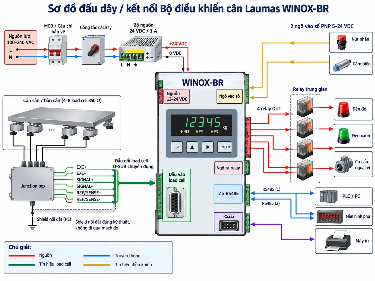 Sơ đồ đấu dây/kết nối Bộ điều khiển cân Laumas WINOX-BR trên nền trắng dạng ngang: bên trái là nguồn lưới 100–240 VAC đi qua MCB hoặc cầu chì bảo vệ và công tắc cách ly, sau đó vào bộ nguồn ổn áp 24 VDC/1 A; đầu ra +24 VDC và 0 VDC cấp cho WINOX-BR theo nguồn 12–24 VDC. Bên dưới là 4 đến 8 load cell 350 Ω của cân cầu nối qua junction box, thể hiện rõ các nhóm dây EXC+/EXC-, SIGNAL+/SIGNAL- và REF/SENSE+/REF/SENSE- đối với hệ 6 dây, shield nối đất đúng kỹ thuật và không đi qua mạch đo; junction box đưa tín hiệu vào đầu nối load cell D-SUB chuyên dụng của WINOX-BR. Bên phải thể hiện 2 ngõ vào số PNP 5–24 VDC nhận tín hiệu từ nút nhấn/cảm biến; 4 relay OUT điều khiển qua relay trung gian tới đèn giao thông đỏ/xanh hoặc cơ cấu ngoại vi; các cổng 2 x RS485 và 1 x RS232 nối PLC/PC, màn hình phụ và máy in. Dùng mũi tên phân biệt nguồn, tín hiệu load cell, truyền thông và tín hiệu điều khiển; không tự gán số chân D-SUB khi tài liệu hãng không công bố số pin trong hình.