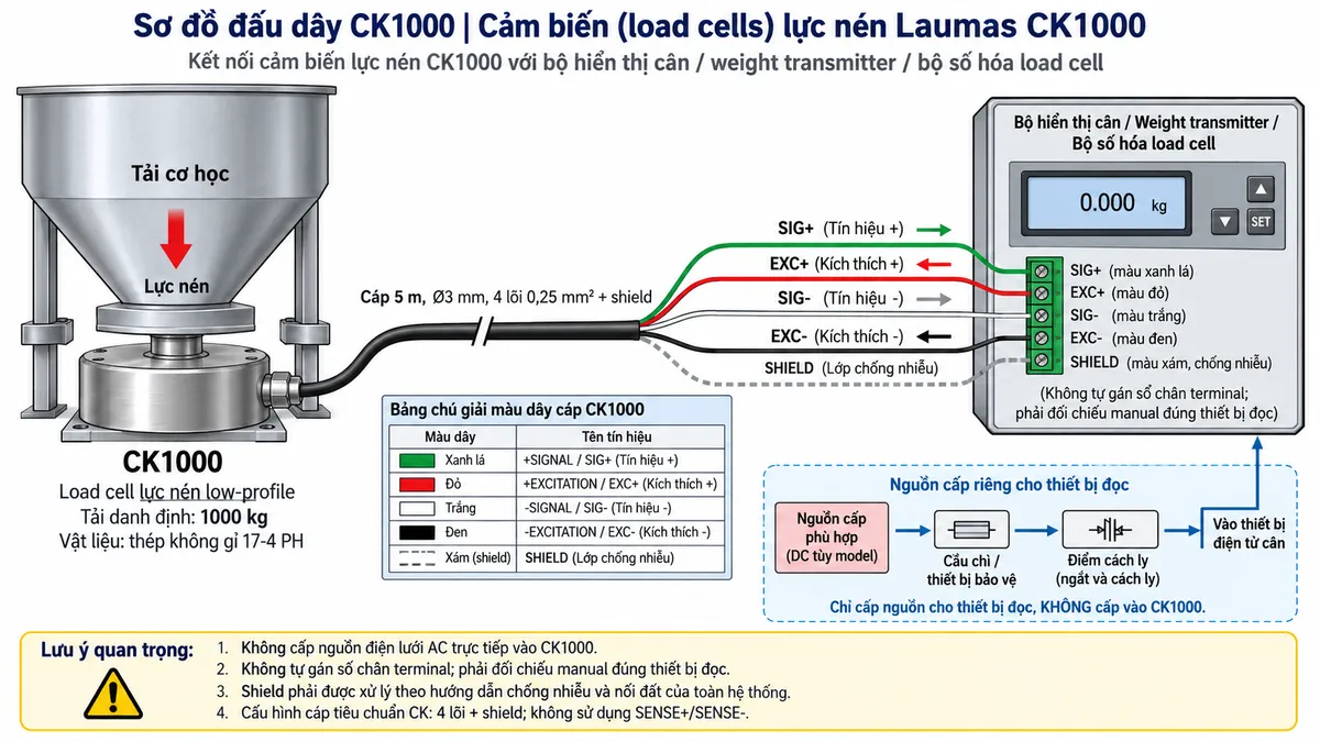 Vẽ sơ đồ đấu dây/kết nối kỹ thuật cho cảm biến lực nén low-profile Laumas CK1000 trên nền trắng, bố cục ngang. Bên trái thể hiện tải cơ học, máy hoặc bồn/phễu truyền lực nén xuống tấm truyền lực và tác động trực tiếp lên CK1000 tải danh định 1000 kg. Ở giữa thể hiện CK1000 dạng load cell nén thấp, thân thép không gỉ 17-4 PH, cáp dài 5 m, đường kính 3 mm, gồm 4 lõi 0,25 mm² và shield đi sang bộ hiển thị cân, weight transmitter hoặc bộ số hóa load cell ở bên phải. Thể hiện +SIGNAL/SIG+ màu xanh lá, +EXCITATION/EXC+ màu đỏ, -SIGNAL/SIG- màu trắng, -EXCITATION/EXC- màu đen và SHIELD. Dùng mũi tên chỉ EXC+/EXC- từ thiết bị điện tử cân tới CK1000 và SIG+/SIG- từ CK1000 về thiết bị xử lý. Không vẽ SENSE+/SENSE- vì cấu hình cáp tiêu chuẩn của CK trong datasheet là 4 lõi. Vẽ riêng nguồn cấp phù hợp cho bộ hiển thị hoặc transmitter qua cầu chì hoặc thiết bị bảo vệ và điểm cách ly. Ghi chú không cấp nguồn điện lưới AC trực tiếp vào CK1000, không tự gán số chân terminal mà phải đối chiếu manual đúng thiết bị đọc, shield phải được xử lý theo hướng dẫn chống nhiễu và nối đất của toàn hệ thống.