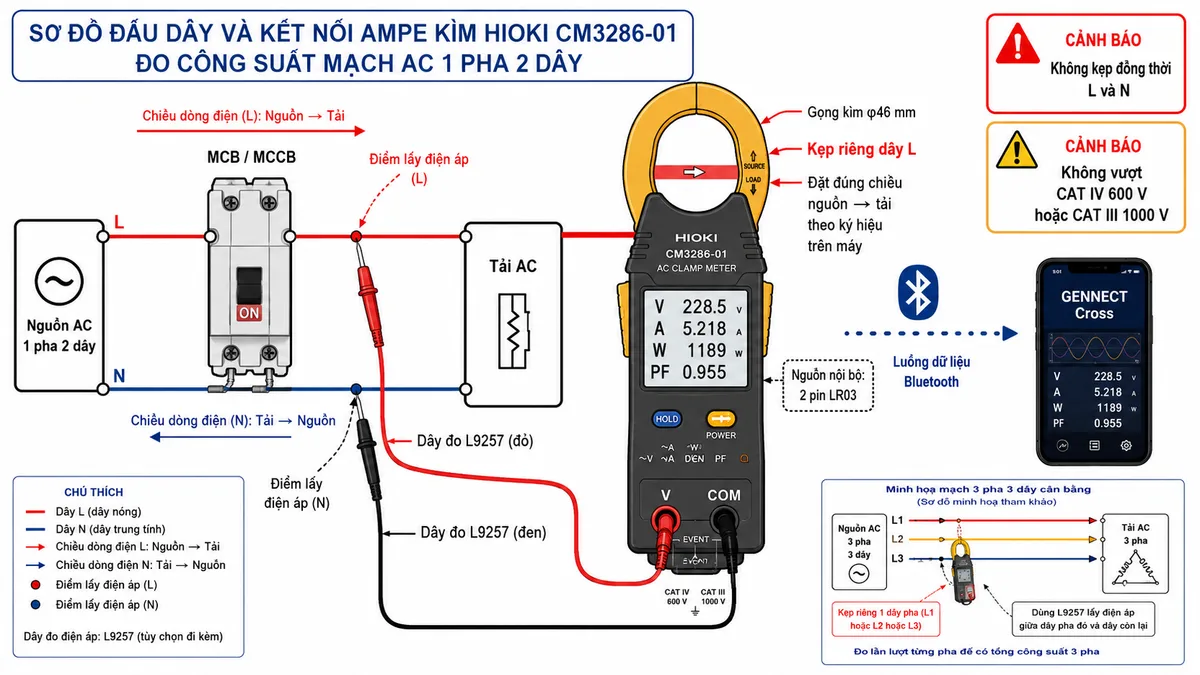 Sơ đồ đấu dây và kết nối Ampe kìm HIOKI CM3286-01 khi đo công suất mạch AC một pha hai dây: thể hiện nguồn điện L-N, MCB hoặc MCCB bảo vệ, đường dây từ nguồn đến tải, gọng kìm đường kính 46 mm chỉ kẹp riêng dây L và đặt đúng chiều nguồn-tải theo ký hiệu trên máy; que đỏ của dây L9257 nối cổng V với dây L phía sau thiết bị bảo vệ, que đen nối cổng COM với dây N; thể hiện nguồn nuôi nội bộ 2 pin LR03, màn hình hiển thị V-A-W-PF và kết nối Bluetooth tới điện thoại chạy GENNECT Cross; bổ sung khung nhỏ minh họa kết nối mạch ba pha 3 dây cân bằng L1-L2-L3 theo hướng dẫn trên màn hình; dùng mũi tên chỉ chiều dòng điện, điểm lấy điện áp và luồng dữ liệu; ghi chú không kẹp đồng thời L và N, không vượt CAT IV 600 V hoặc CAT III 1000 V.