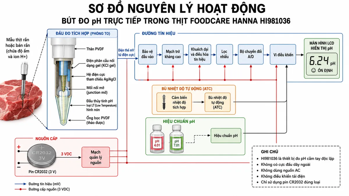 Vẽ sơ đồ nguyên lý hoạt động dạng khối của Bút Đo pH Trực Tiếp Trong Thịt Foodcare Hanna HI981036, nền trắng, bố cục ngang, phong cách kỹ thuật đo lường và nhãn tiếng Việt. Luồng chính bắt đầu từ mẫu thịt rắn hoặc bán rắn chứa độ ẩm và ion H+, đi tới đầu thủy tinh pH loại LT hình nón; tín hiệu được so sánh với hệ điện cực tham chiếu qua mối nối mở, điện phân cầu nối dạng gel và ống bọc PVDF tháo được. Điện thế mV tiếp tục qua khối bảo vệ đầu vào, mạch trở kháng cao, khuếch đại và điều hòa tín hiệu, lọc nhiễu, bộ chuyển đổi A/D, vi điều khiển rồi tới màn hình LCD hiển thị pH. Vẽ nhánh bù nhiệt độ tự động tới vi điều khiển, nhánh hiệu chuẩn từ dung dịch đệm pH 4.01 và pH 7.01, cùng nhánh nguồn từ pin CR2032 qua mạch quản lý nguồn tới các khối điện tử.