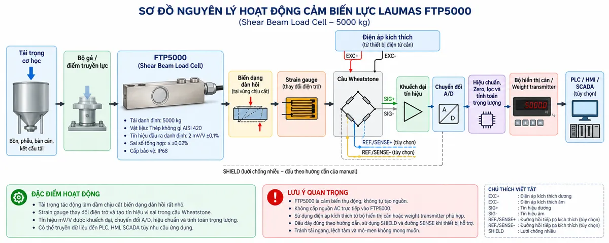 Vẽ sơ đồ nguyên lý hoạt động dạng khối cho Laumas FTP5000 trên nền trắng, bố cục ngang. Luồng chính gồm: Tải trọng cơ học → Bộ gá hoặc điểm truyền lực → Thân shear beam FTP5000 bằng thép không gỉ AISI 420 → Biến dạng đàn hồi tại vùng chịu cắt → Strain gauge thay đổi điện trở → Cầu Wheatstone → Tín hiệu analog vi sai SIG+/SIG- → Khuếch đại tín hiệu → Chuyển đổi A/D → Hiệu chuẩn, Zero, lọc và tính toán trọng lượng → Bộ hiển thị cân hoặc Weight transmitter → PLC/HMI/SCADA nếu hệ thống yêu cầu. Vẽ nhánh EXC+/EXC- từ thiết bị điện tử cân cấp điện áp kích thích tới cầu Wheatstone; REF./SENSE+/REF./SENSE- là đường hồi tiếp điện áp kích thích khi cấu hình thiết bị hỗ trợ; SHIELD đi cùng cáp tín hiệu và đấu theo manual. Thêm khối nhận diện FTP5000, shear beam, tải danh định 5000 kg, thép không gỉ AISI 420, sai số tổng hợp tối đa ±0,02%, cấp bảo vệ IP68 và tín hiệu đầu ra danh định 2 mV/V ±0,1%. Ghi chú cảm biến không tự tạo nguồn và không được cấp AC trực tiếp.