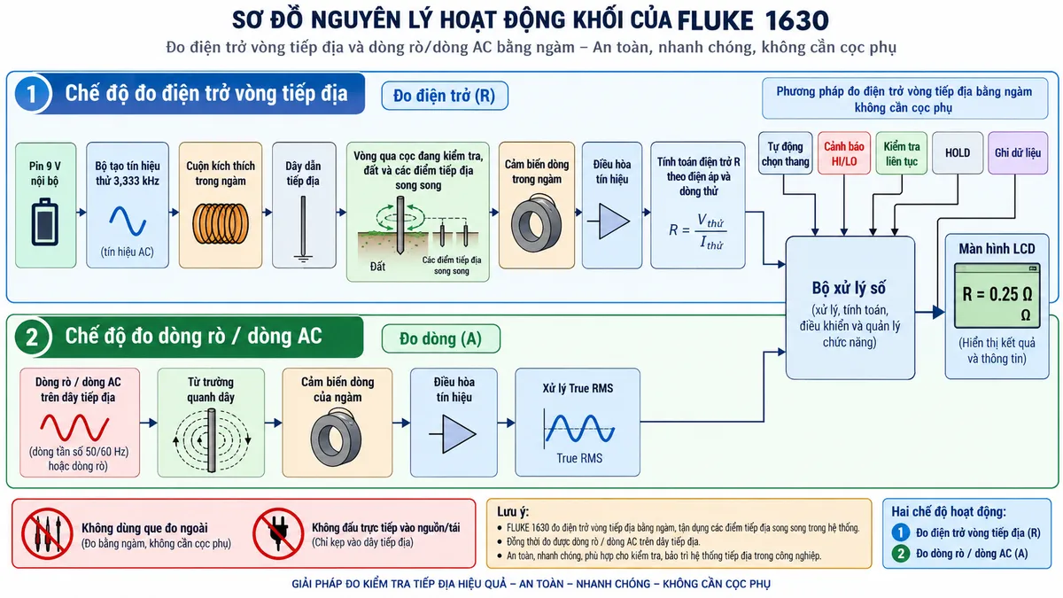Sơ đồ nguyên lý hoạt động dạng khối của FLUKE 1630, nền trắng bố cục ngang, chú thích tiếng Việt. Vẽ hai chế độ chính. Nhánh đo điện trở: pin 9 V nội bộ → bộ tạo tín hiệu thử 3,333 kHz → cuộn kích thích trong ngàm → dây dẫn tiếp địa → vòng qua cọc đang kiểm tra, đất và các điểm tiếp địa song song → cảm biến dòng trong ngàm → điều hòa tín hiệu → tính toán điện trở R theo điện áp và dòng thử → bộ xử lý số → màn hình LCD; thêm các khối tự động chọn thang, cảnh báo HI/LO, kiểm tra liên tục, HOLD và ghi dữ liệu. Nhánh đo dòng: dòng rò/dòng AC trên dây tiếp địa → từ trường quanh dây → cảm biến dòng của ngàm → điều hòa tín hiệu → xử lý True RMS → bộ xử lý số → màn hình LCD. Dùng mũi tên rõ hướng tín hiệu, không vẽ que đo hoặc đầu nối điện ngoài không tồn tại trên FLUKE 1630.