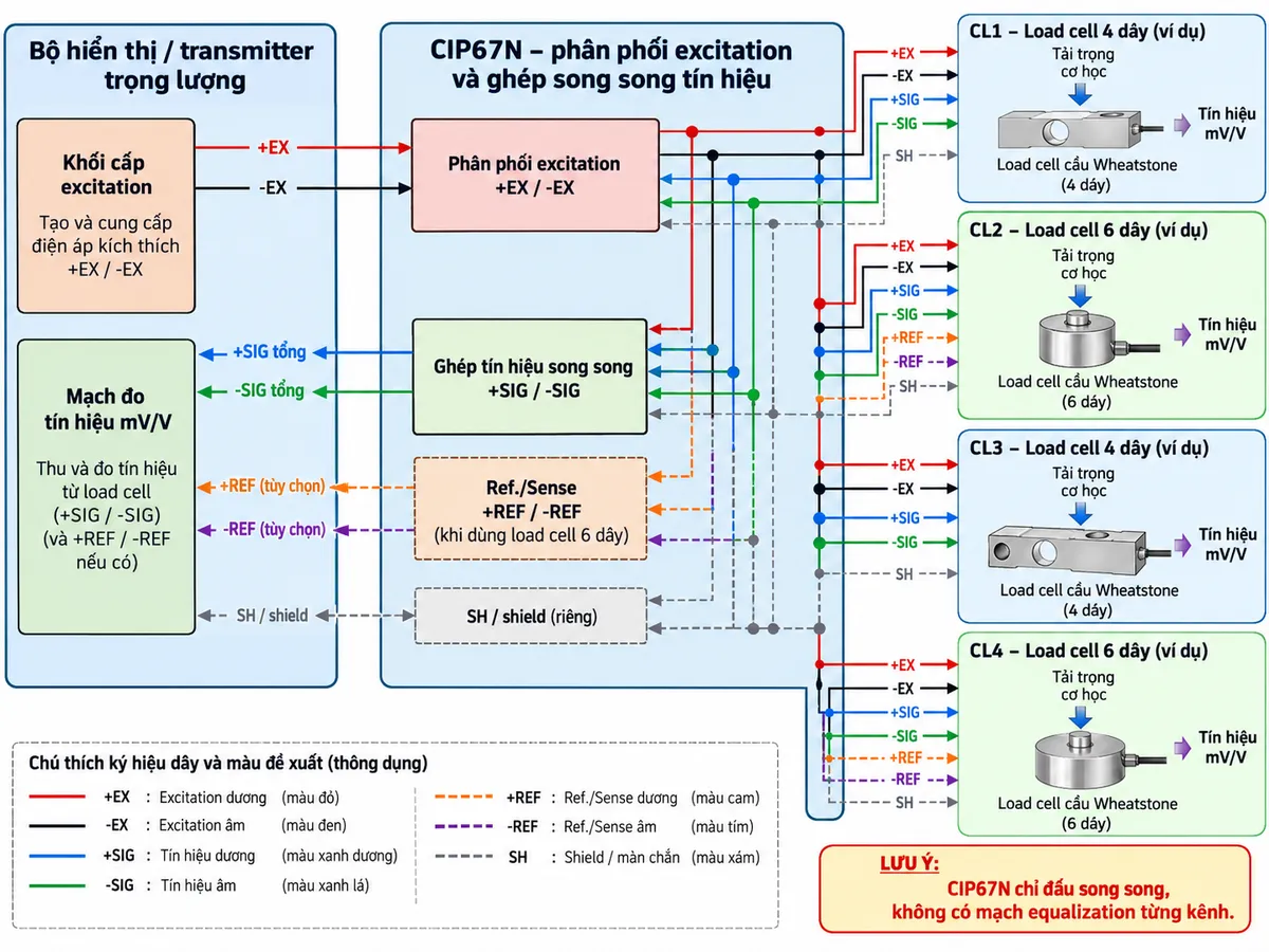 Sơ đồ nguyên lý hoạt động Laumas CIP67N trên nền trắng, bố cục ngang, chú thích tiếng Việt. Bên trái là “Bộ hiển thị / transmitter trọng lượng” gồm “Khối cấp excitation” và “Mạch đo tín hiệu mV/V”. Ở giữa là “CIP67N – phân phối excitation và ghép song song tín hiệu”; bus +EX/-EX từ thiết bị cân được chia song song tới 4 nhánh CL1-CL4. Bên phải mỗi nhánh gồm “Tải trọng cơ học” → “Load cell cầu Wheatstone” → “Tín hiệu mV/V”. Bốn cặp +SIG/-SIG quay về CIP67N, đi vào khối “Ghép tín hiệu song song” và tạo tín hiệu tổng trả về mạch đo của transmitter. Nếu sử dụng load cell 6 dây, thể hiện thêm +REF/-REF Ref./Sense; SH/shield thể hiện riêng. Ghi chú nổi bật “CIP67N chỉ đấu song song, không có mạch equalization từng kênh”. Không tự vẽ biến trở cân bằng, mạch chống sét tích hợp hoặc số chân không được hãng công bố.