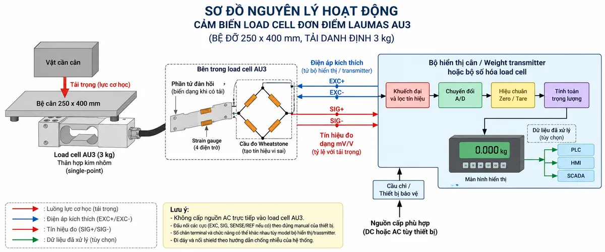 Vẽ sơ đồ nguyên lý hoạt động dạng khối cho Laumas AU3 trên nền trắng, bố cục ngang. Bắt đầu từ vật cần cân/tải trọng cơ học tác động xuống bệ cân 250 x 400 mm; lực truyền tới load cell single-point AU3 tải danh định 3 kg, thân hợp kim nhôm. Bên trong load cell thể hiện phần tử đàn hồi và các strain gauge mắc thành cầu đo Wheatstone. Từ bộ hiển thị cân hoặc weight transmitter vẽ nhánh điện áp kích thích EXC+/EXC- cấp vào cầu đo. Khi có tải, phần tử đàn hồi biến dạng làm điện trở strain gauge thay đổi và tạo tín hiệu vi sai SIG+/SIG- dạng mV/V. Tín hiệu tiếp tục qua các khối khuếch đại và lọc, chuyển đổi A/D, hiệu chuẩn/Zero/Tare, tính toán trọng lượng rồi tới màn hình hiển thị; nếu thiết bị hỗ trợ thì vẽ thêm nhánh dữ liệu đã xử lý tới PLC/HMI/SCADA. Dùng mũi tên và chú thích tiếng Việt để phân biệt luồng lực cơ học, điện áp kích thích, tín hiệu đo và dữ liệu số đã xử lý.