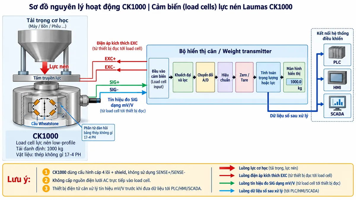 Vẽ sơ đồ nguyên lý hoạt động dạng khối cho cảm biến lực nén Laumas CK1000 trên nền trắng, bố cục ngang. Bắt đầu từ tải trọng cơ học tác động xuống tấm truyền lực và lên CK1000 dạng low-profile tải danh định 1000 kg. Bên trong cảm biến thể hiện phần tử đàn hồi bằng thép không gỉ 17-4 PH và các strain gauge mắc thành cầu Wheatstone. Từ bộ hiển thị cân hoặc weight transmitter vẽ EXC+/EXC- cấp điện áp kích thích tới cầu đo. Khi tải thay đổi, phần tử đàn hồi biến dạng làm điện trở strain gauge thay đổi và tạo tín hiệu vi sai SIG+/SIG- dạng mV/V đưa về thiết bị đọc. Tín hiệu tiếp tục qua các khối khuếch đại và lọc, chuyển đổi A/D, hiệu chuẩn, Zero/Tare, tính toán trọng lượng hoặc lực rồi tới màn hình hiển thị. Nếu thiết bị điện tử cân hỗ trợ giao tiếp công nghiệp, thêm nhánh dữ liệu số sau xử lý tới PLC/HMI/SCADA. Dùng mũi tên và chú thích tiếng Việt để phân biệt luồng lực cơ học, điện áp kích thích EXC, tín hiệu đo SIG dạng mV/V và dữ liệu số sau xử lý. Không thêm đường SENSE vì cấu hình cáp tiêu chuẩn CK là 4 lõi.
