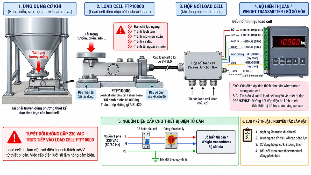 Vẽ sơ đồ đấu dây và kết nối kỹ thuật cho Laumas FTP5000 trên nền trắng, bố cục ngang. Bên trái là bồn, phễu, silo, bệ cân hoặc kết cấu máy truyền tải trọng đúng phương qua bộ gá cơ khí tương thích tới load cell FTP5000 dạng shear beam, tải danh định 5000 kg, thân thép không gỉ AISI 420. Thể hiện một đầu FTP5000 cố định chắc chắn vào kết cấu đỡ và đầu còn lại nhận tải đúng hướng; chú thích hạn chế lực ngang, lệch tâm, mô-men xoắn, va đập và tải ngoài ý muốn. Từ FTP5000 vẽ cáp load cell 6 lõi có SHIELD tới hộp nối khi sử dụng nhiều cảm biến, sau đó tới bộ hiển thị cân, weight transmitter hoặc bộ số hóa. Thể hiện +EXCITATION/EXC+ màu đỏ và -EXCITATION/EXC- màu đen từ thiết bị điện tử cân cấp điện áp kích thích tới cầu Wheatstone; +SIGNAL/SIG+ màu xanh lá và -SIGNAL/SIG- màu trắng truyền tín hiệu vi sai từ load cell về thiết bị đọc; +REF./SENSE màu xanh dương và -REF./SENSE màu vàng là đường hồi tiếp điện áp kích thích khi thiết bị đọc hỗ trợ chức năng sense; SHIELD xử lý theo manual. Vẽ nguồn điện lưới chỉ cấp cho bộ hiển thị hoặc transmitter qua CB hoặc cầu chì và công tắc cách ly phù hợp; ghi rõ tuyệt đối không cấp 230 VAC trực tiếp vào FTP5000. Bổ sung lưu ý ngắt nguồn trước khi đấu nối, đi riêng cáp tín hiệu với cáp động lực và sử dụng bộ gá cơ khí tương thích.