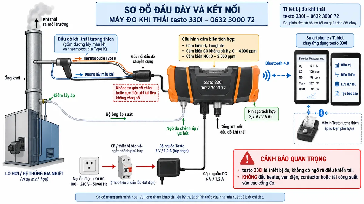 Vẽ sơ đồ đấu dây và kết nối kỹ thuật cho máy đo khí thải testo 330i mã 0632 3000 72 trên nền trắng, bố cục ngang. Bên trái thể hiện lò hơi hoặc hệ thống gia nhiệt và ống khói; đầu dò khí thải tương thích đặt trong vùng dòng khí chính, gồm đường lấy mẫu khí và thermocouple Type K đi tới đầu nối đầu dò chuyên dụng của testo 330i, không tự gán số chân hoặc cực điện khi tài liệu không công bố. Vẽ nhánh điểm lấy áp trên hệ thống qua bộ ống áp suất tới ngõ đo chênh áp/lực hút. Ở giữa ghi rõ thiết bị có cảm biến O2 LongLife, cảm biến CO không bù H2 dải 0–4.000 ppm và cảm biến NO dải 0–3.000 ppm là cấu hình tích hợp của mã 0632 3000 72. Phía dưới thể hiện nguồn điện lưới AC qua CB hoặc thiết bị bảo vệ/ngắt nhánh phù hợp → bộ nguồn Testo 6 V/1,2 A tùy chọn → thiết bị, đồng thời ghi chú pin sạc 3,7 V/2,6 Ah. Bên phải vẽ Bluetooth 4.0 tới smartphone/tablet chạy ứng dụng testo 330i để hiển thị, điều khiển, lưu dữ liệu và tạo báo cáo; thể hiện máy in Testo tương thích khi sử dụng phụ kiện phù hợp. Ghi rõ testo 330i là thiết bị đo, không có ngõ ra điều khiển tải và không đấu heater, van điện, contactor hoặc tải công suất vào các cổng đo.