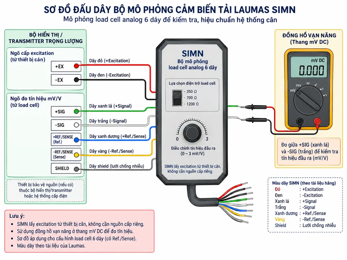 Sơ đồ đấu dây/kết nối Bộ mô phỏng cảm biến tải Laumas SIMN trên nền trắng, bố cục ngang, chú thích tiếng Việt. Bên trái là “Bộ hiển thị / transmitter trọng lượng” với ngõ cấp excitation và ngõ đo tín hiệu mV/V; ở giữa là “SIMN – bộ mô phỏng load cell analog 6 dây”; bên phải là “Đồng hồ vạn năng – thang mV DC” dùng để kiểm tra tín hiệu. Thể hiện các đường +Excitation, -Excitation từ thiết bị cân cấp sang SIMN; +Signal, -Signal từ SIMN quay về ngõ đo; +Ref./Sense, -Ref./Sense cho cấu hình 6 dây và Shield thể hiện riêng. Có thể ghi chú màu dây theo tài liệu hãng: +Signal xanh lá, -Signal trắng, +Excitation đỏ, +Ref./Sense xanh dương, -Excitation đen, -Ref./Sense vàng. Thể hiện công tắc lựa chọn điện trở load cell trên SIMN. Ghi chú rõ “SIMN lấy excitation từ thiết bị cân, không cần nguồn cấp riêng”; thiết bị bảo vệ nguồn thuộc bộ hiển thị/transmitter hoặc hệ thống cấp điện, không tự vẽ bộ bảo vệ tích hợp trong SIMN.