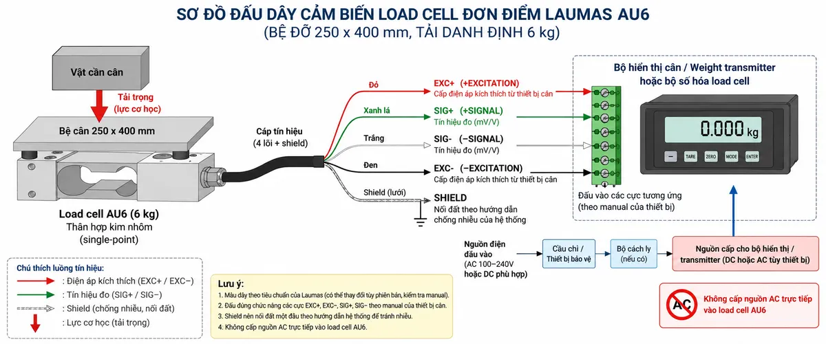 Vẽ sơ đồ đấu dây/kết nối kỹ thuật cho cảm biến load cell đơn điểm Laumas AU6 trên nền trắng, bố cục ngang. Bên trái thể hiện vật cần cân tác động xuống bệ cân 250 x 400 mm; lực truyền tới load cell single-point AU6 tải danh định 6 kg, thân hợp kim nhôm ở giữa. Từ AU6 vẽ cáp 4 lõi kèm shield theo datasheet sang bộ hiển thị cân, weight transmitter hoặc bộ số hóa load cell ở bên phải. Thể hiện rõ +EXCITATION/EXC+ và -EXCITATION/EXC- từ thiết bị điện tử cân cấp điện áp kích thích tới load cell; +SIGNAL/SIG+ và -SIGNAL/SIG- từ load cell truyền tín hiệu vi sai về thiết bị xử lý; thể hiện SHIELD riêng để chống nhiễu. Nếu minh họa màu dây theo datasheet thì dùng +SIGNAL xanh lá, +EXCITATION đỏ, -SIGNAL trắng, -EXCITATION đen và shield; không tự gán số chân terminal trên bộ hiển thị vì phải đối chiếu manual đúng thiết bị. Vẽ riêng nguồn cấp phù hợp cho bộ hiển thị/transmitter đi qua cầu chì hoặc thiết bị bảo vệ và điểm cách ly trước khi vào thiết bị. Ghi rõ không cấp nguồn AC trực tiếp vào AU6 và xử lý shield theo hướng dẫn nối đất/chống nhiễu của toàn bộ hệ thống. Dùng mũi tên khác nhau để phân biệt luồng lực cơ học, điện áp kích thích và tín hiệu đo.